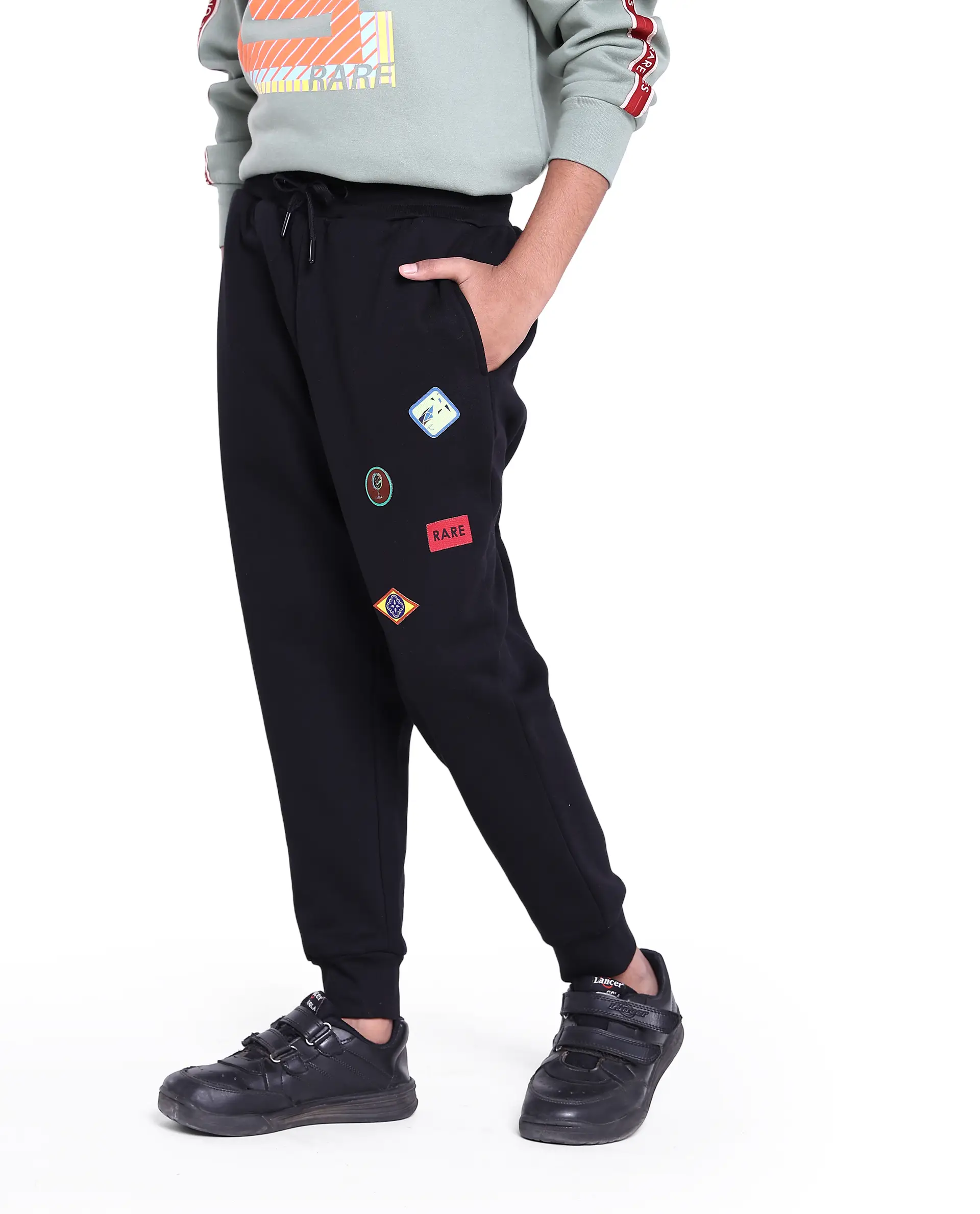 Rare Ones Kids Karo Black Cotton Poly Drawstring Applique Trackpant - Image 5