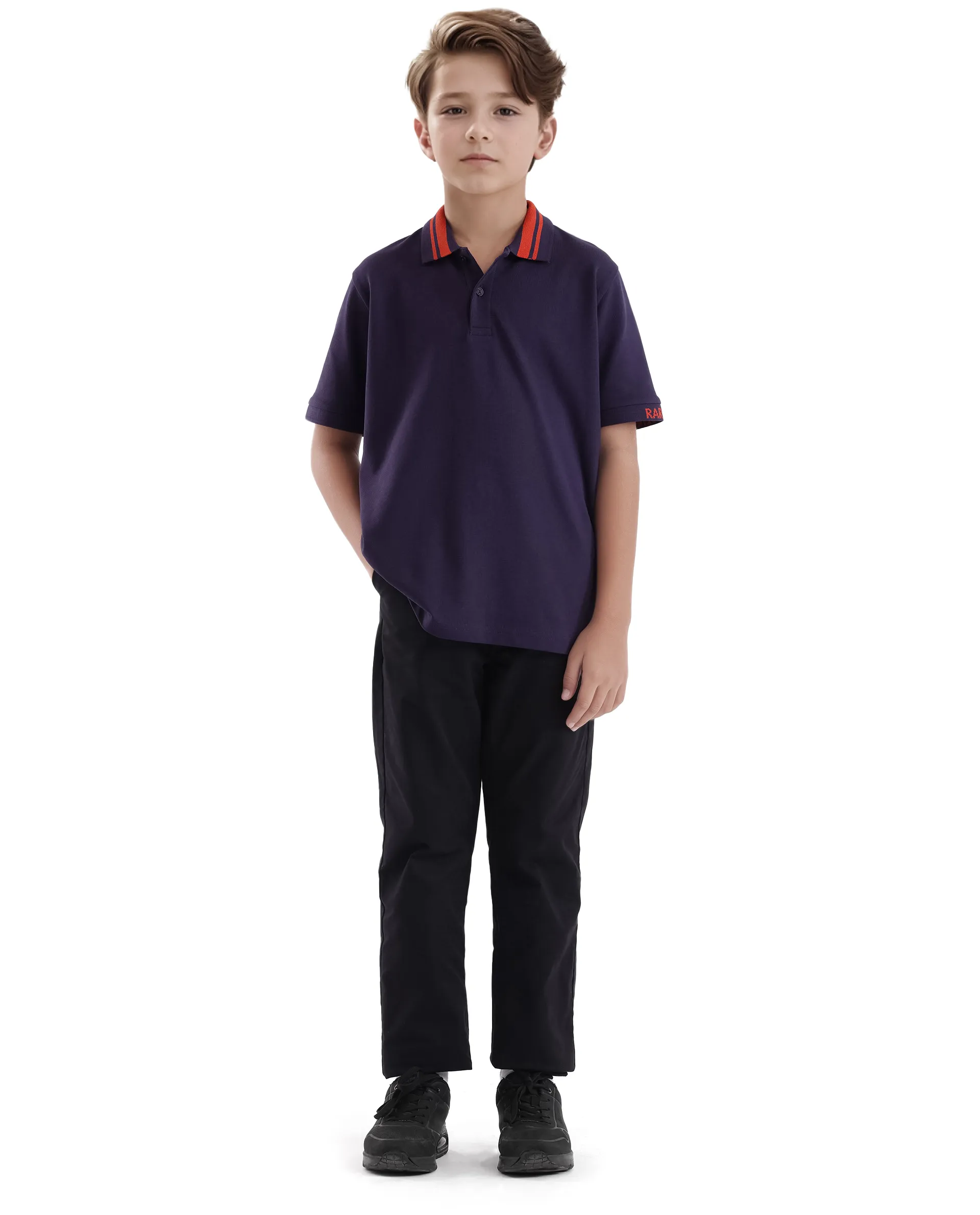 Rare Ones Kids Keef Dark Purple Cotton Fabric Short Sleeve Contrasting Collar Solid Polo - Image 2
