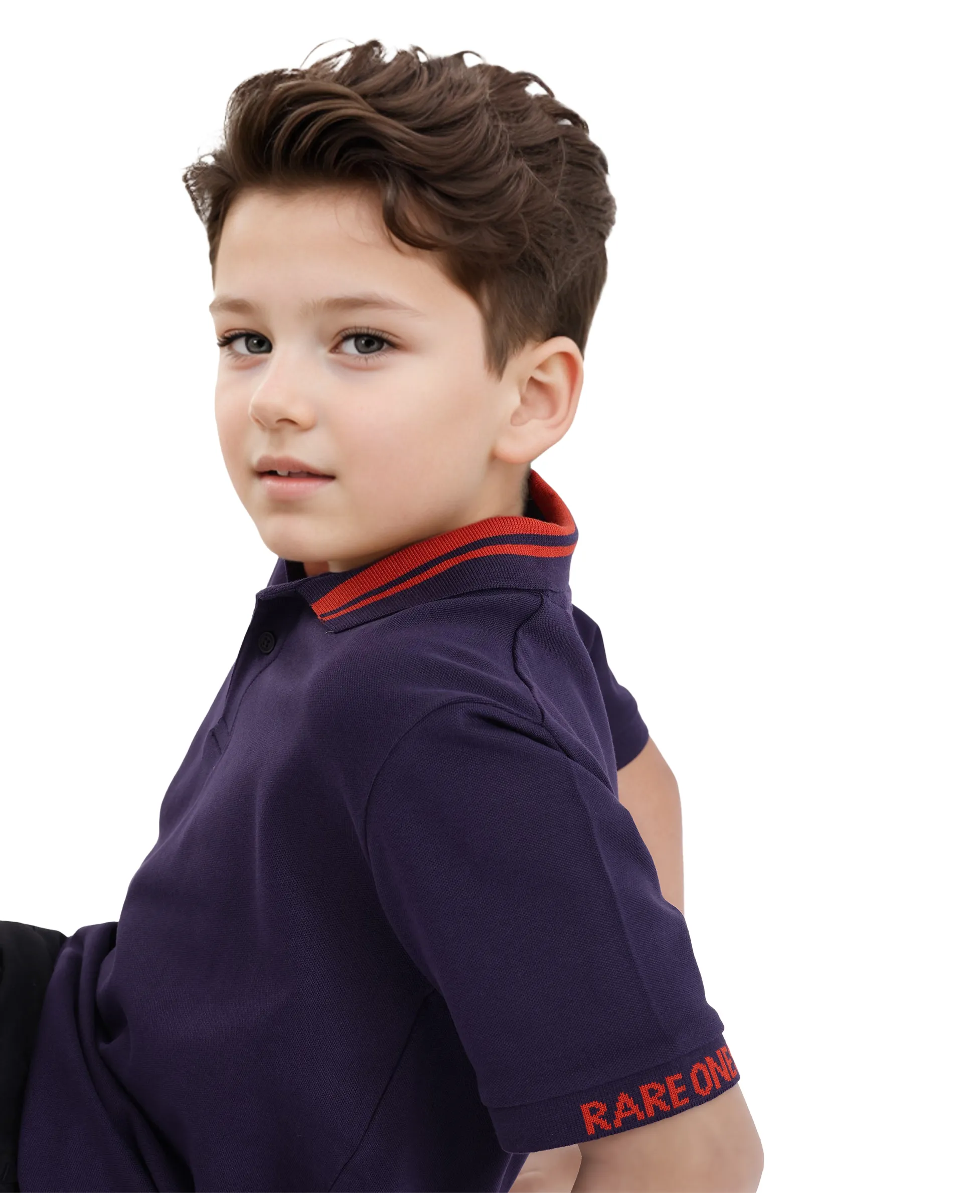 Rare Ones Kids Keef Dark Purple Cotton Fabric Short Sleeve Contrasting Collar Solid Polo - Image 4