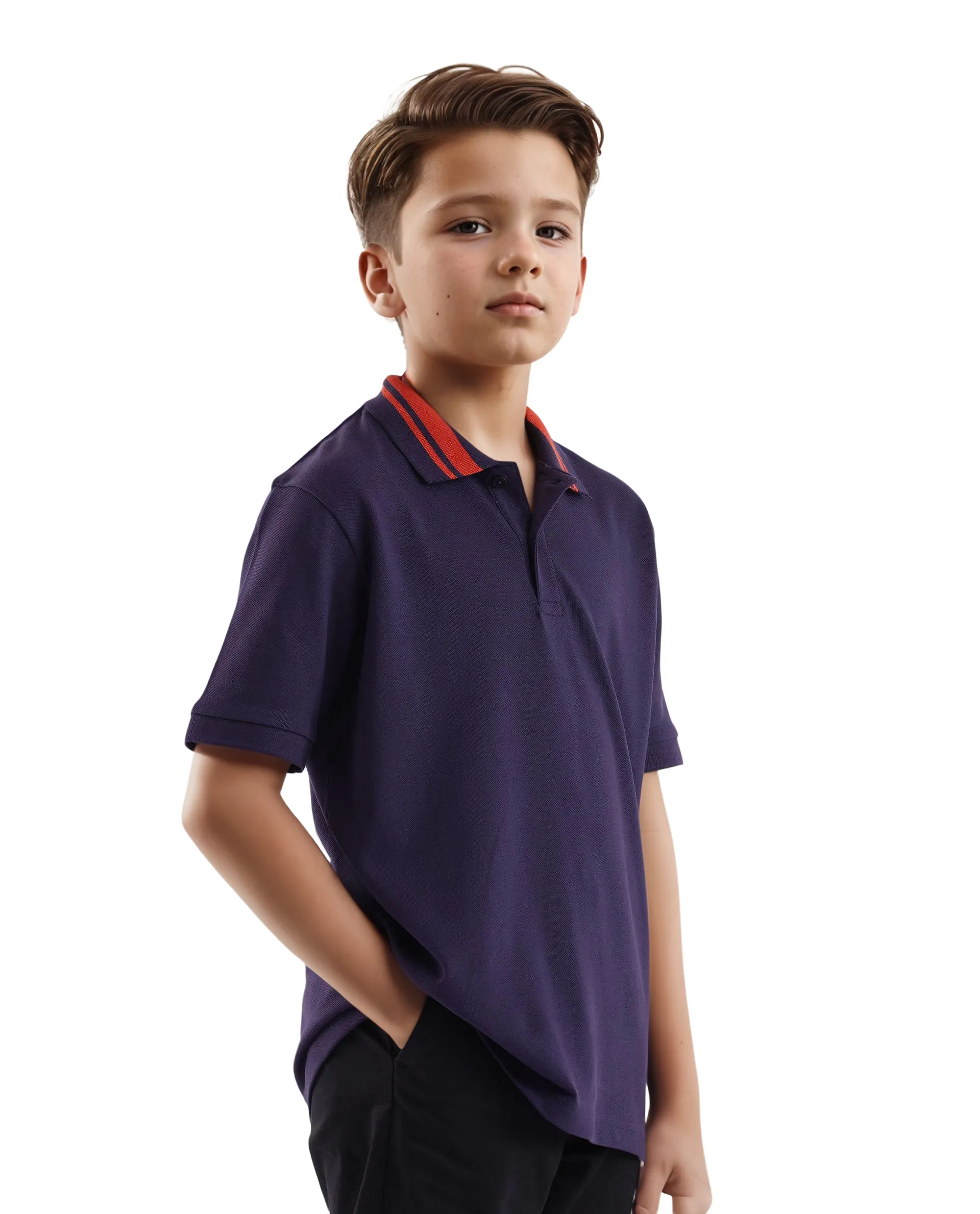 Rare Ones Kids Keef Dark Purple Cotton Fabric Short Sleeve Contrasting Collar Solid Polo - Image 6