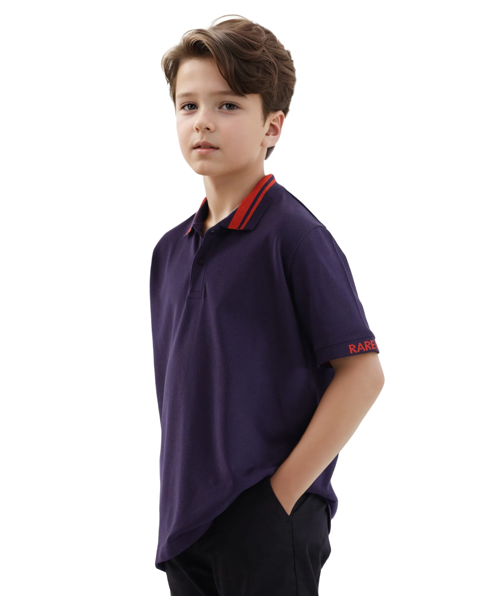 Rare Ones Kids Keef Dark Purple Cotton Fabric Short Sleeve Contrasting Collar Solid Polo - Image 7
