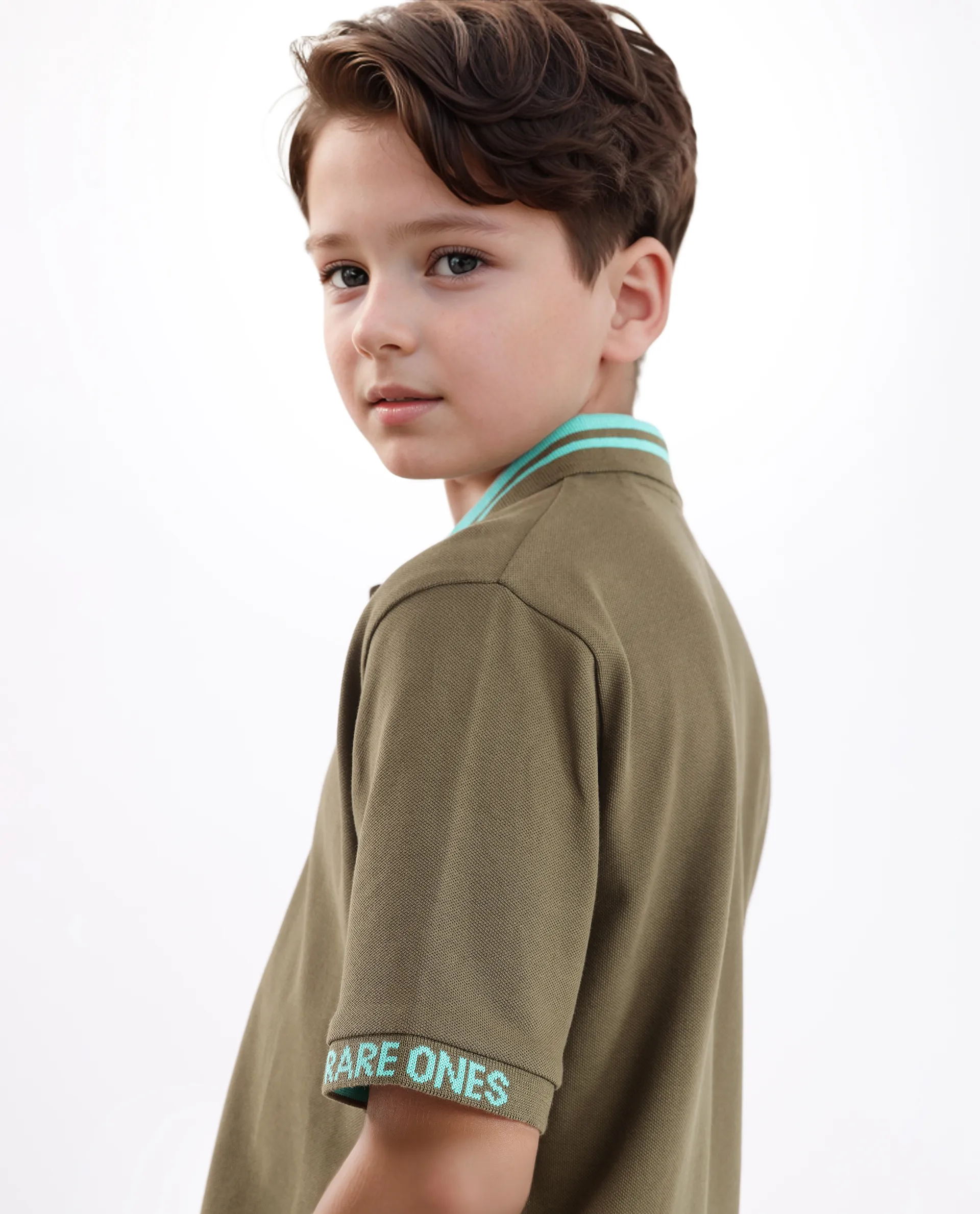 Rare Ones Kids Keef Olive Cotton Fabric Short Sleeve Contrasting Collar Solid Polo - Image 2