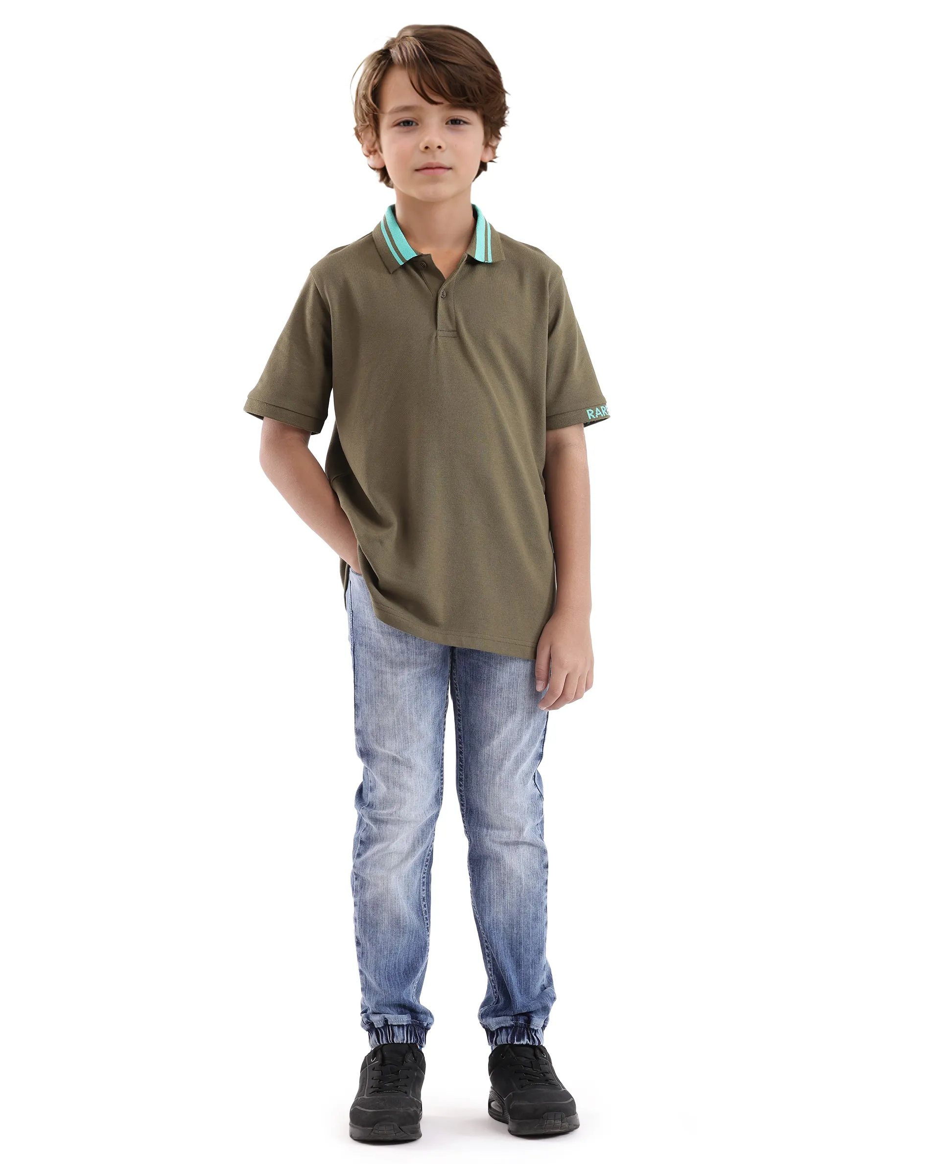 Rare Ones Kids Keef Olive Cotton Fabric Short Sleeve Contrasting Collar Solid Polo - Image 3