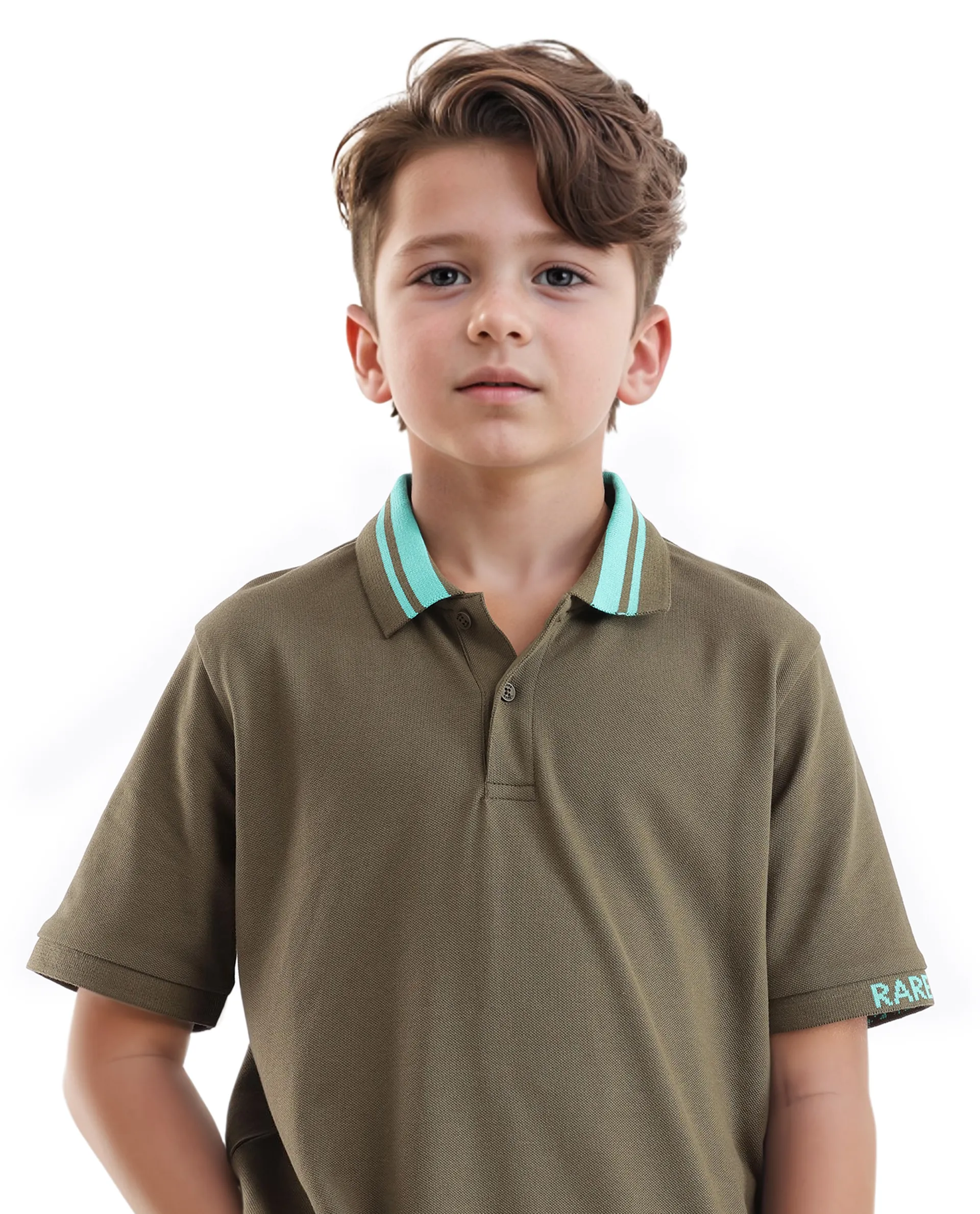 Rare Ones Kids Keef Olive Cotton Fabric Short Sleeve Contrasting Collar Solid Polo - Image 4