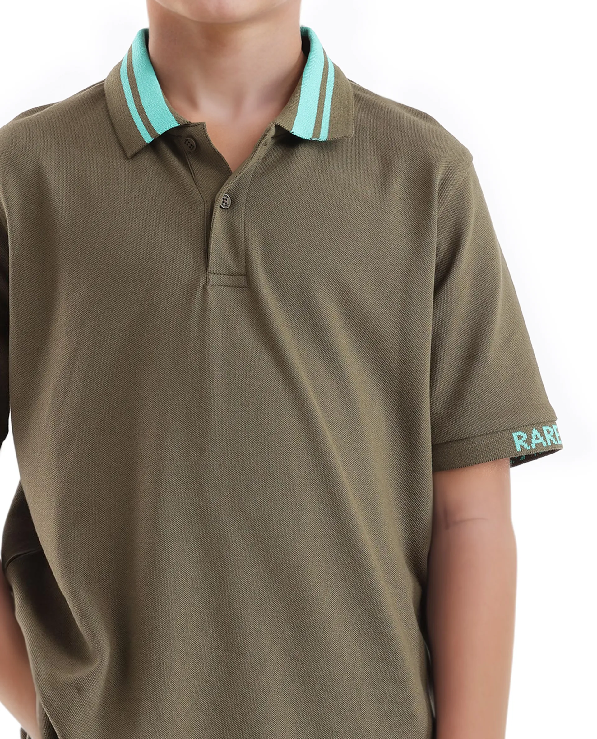 Rare Ones Kids Keef Olive Cotton Fabric Short Sleeve Contrasting Collar Solid Polo - Image 5