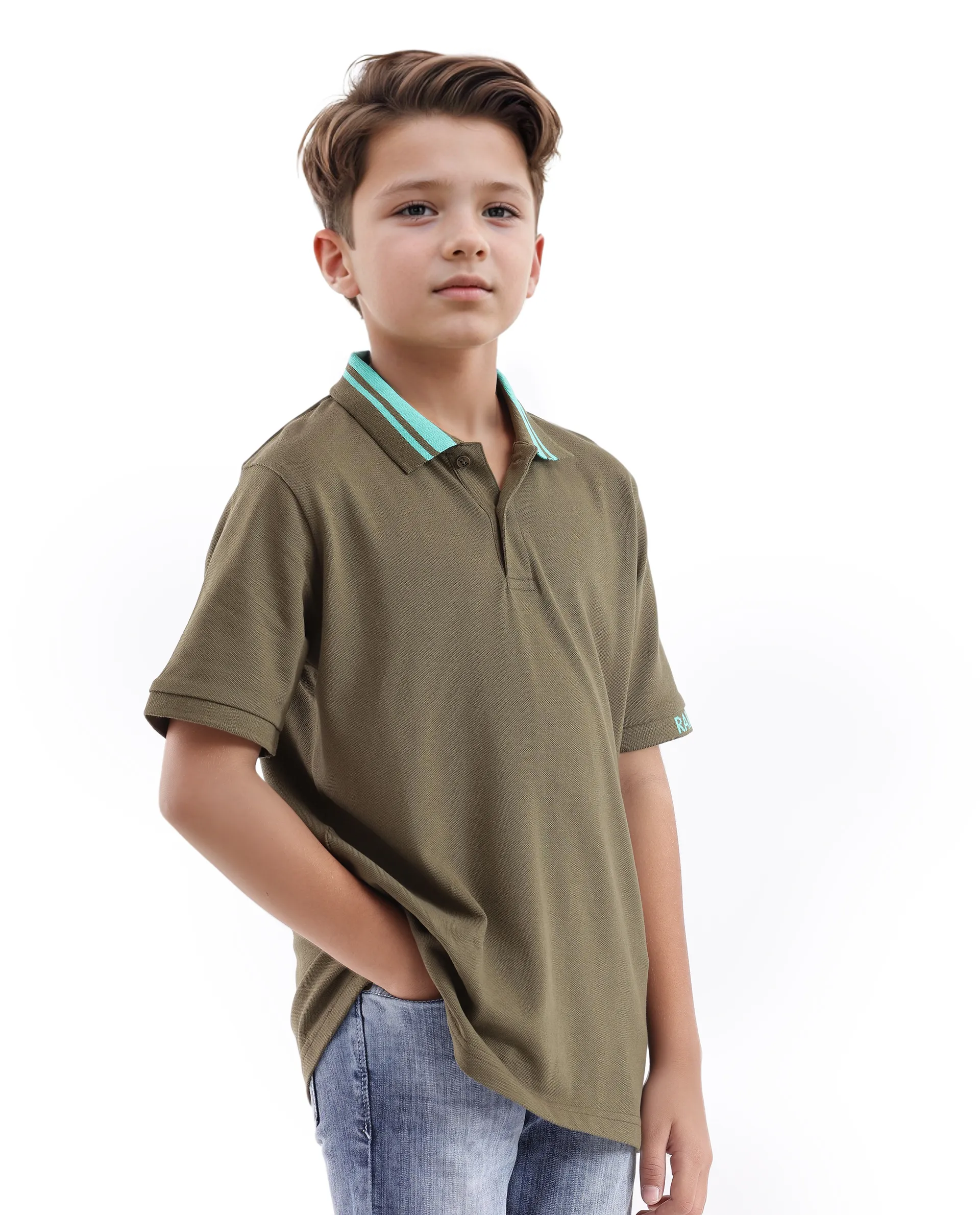 Rare Ones Kids Keef Olive Cotton Fabric Short Sleeve Contrasting Collar Solid Polo - Image 6