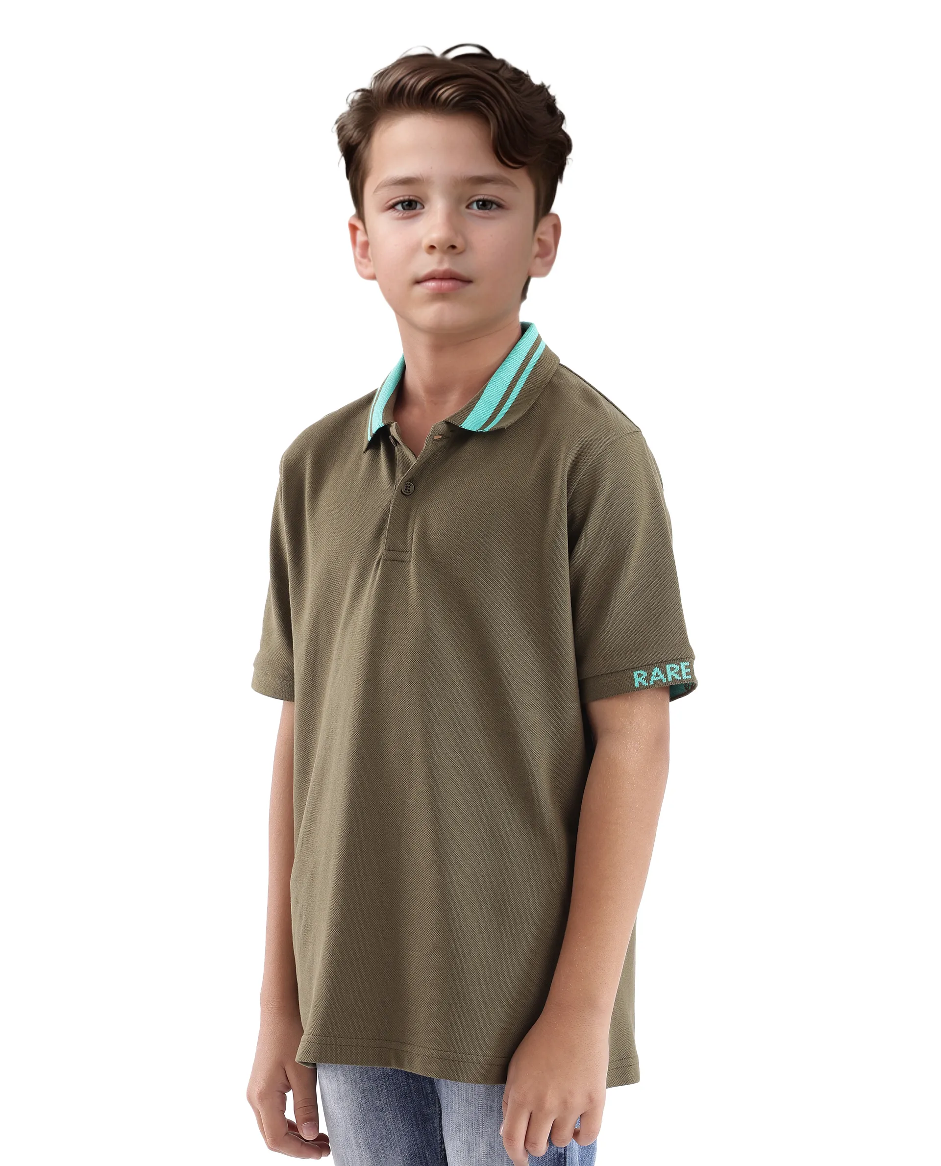 Rare Ones Kids Keef Olive Cotton Fabric Short Sleeve Contrasting Collar Solid Polo - Image 7