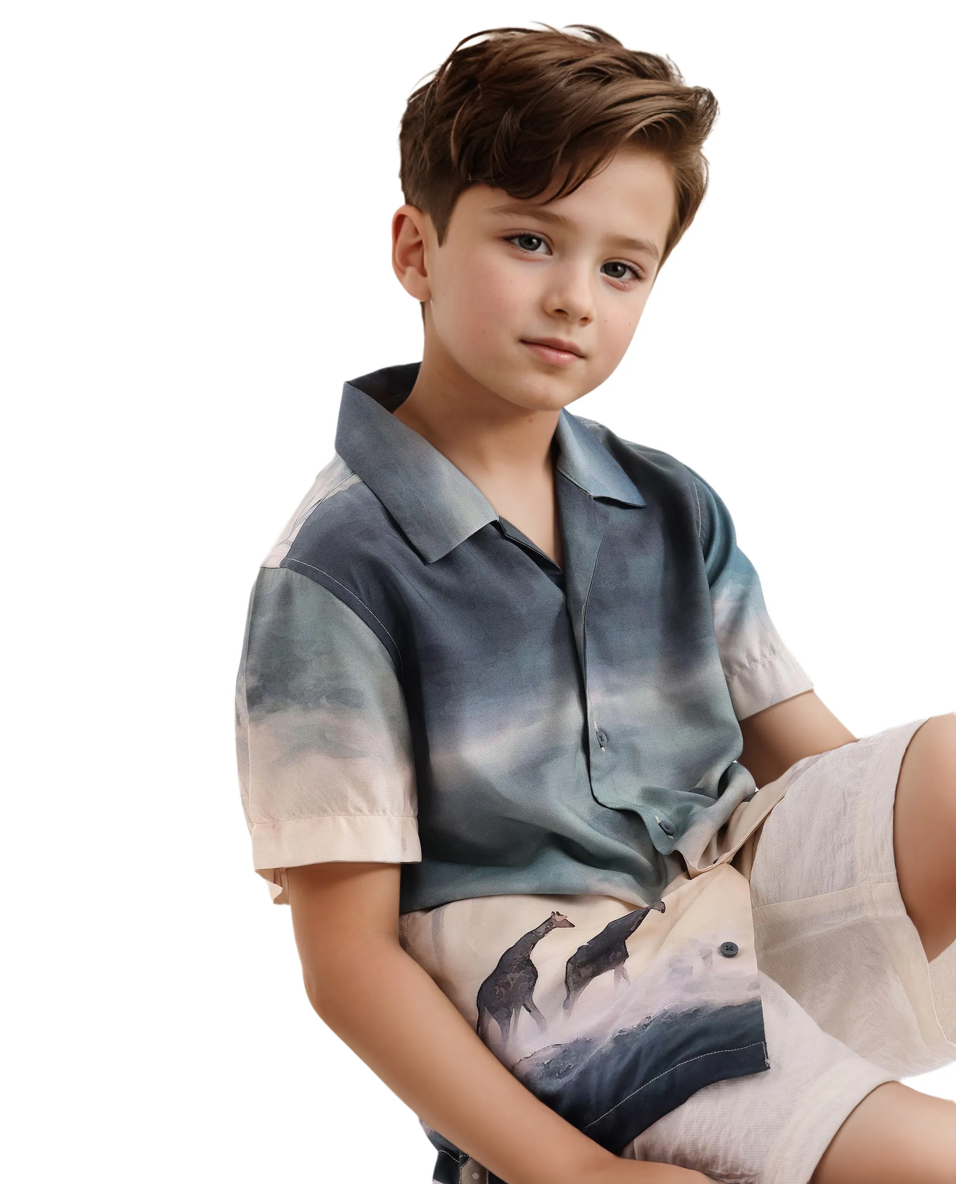 Rare Ones Kids Kenyo Dusky Green Viscose Rayon Half Sleeve Cuban Collar Printed Shirt