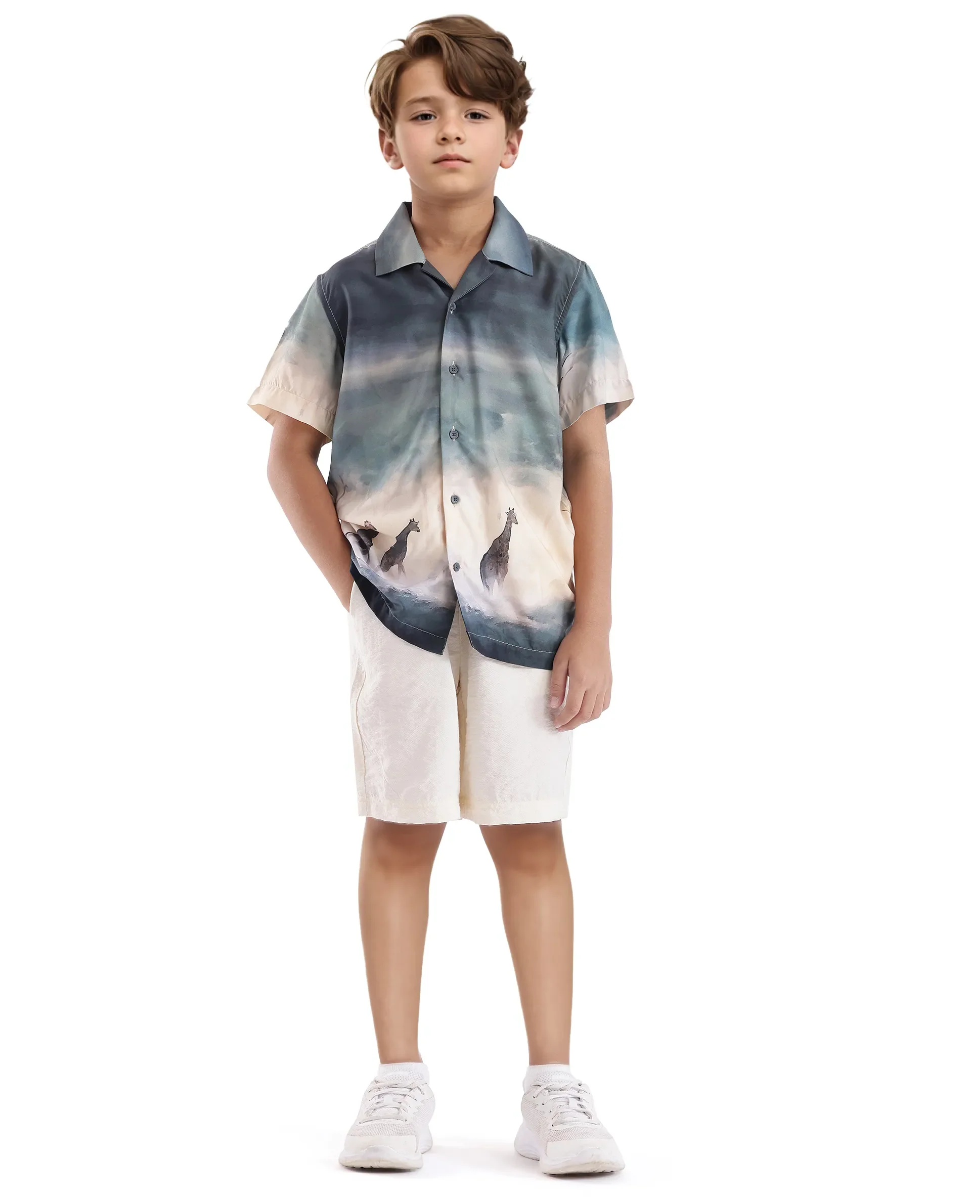 Rare Ones Kids Kenyo Dusky Green Viscose Rayon Half Sleeve Cuban Collar Printed Shirt - Image 2