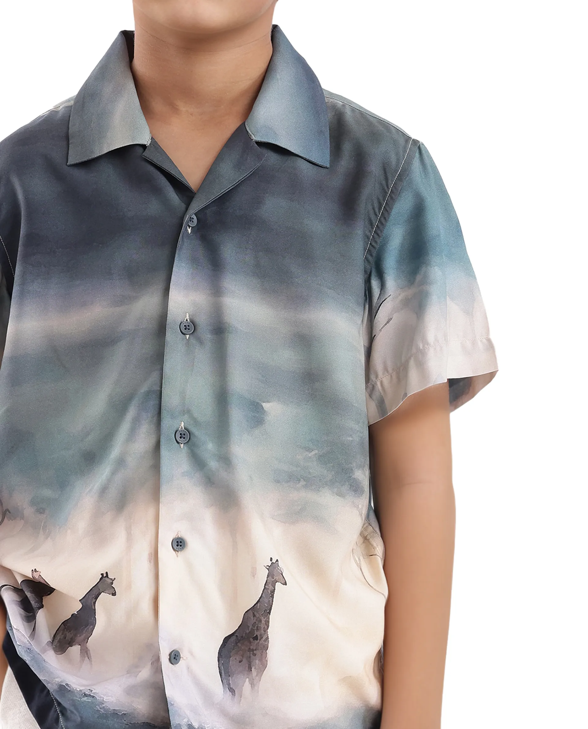 Rare Ones Kids Kenyo Dusky Green Viscose Rayon Half Sleeve Cuban Collar Printed Shirt - Image 4