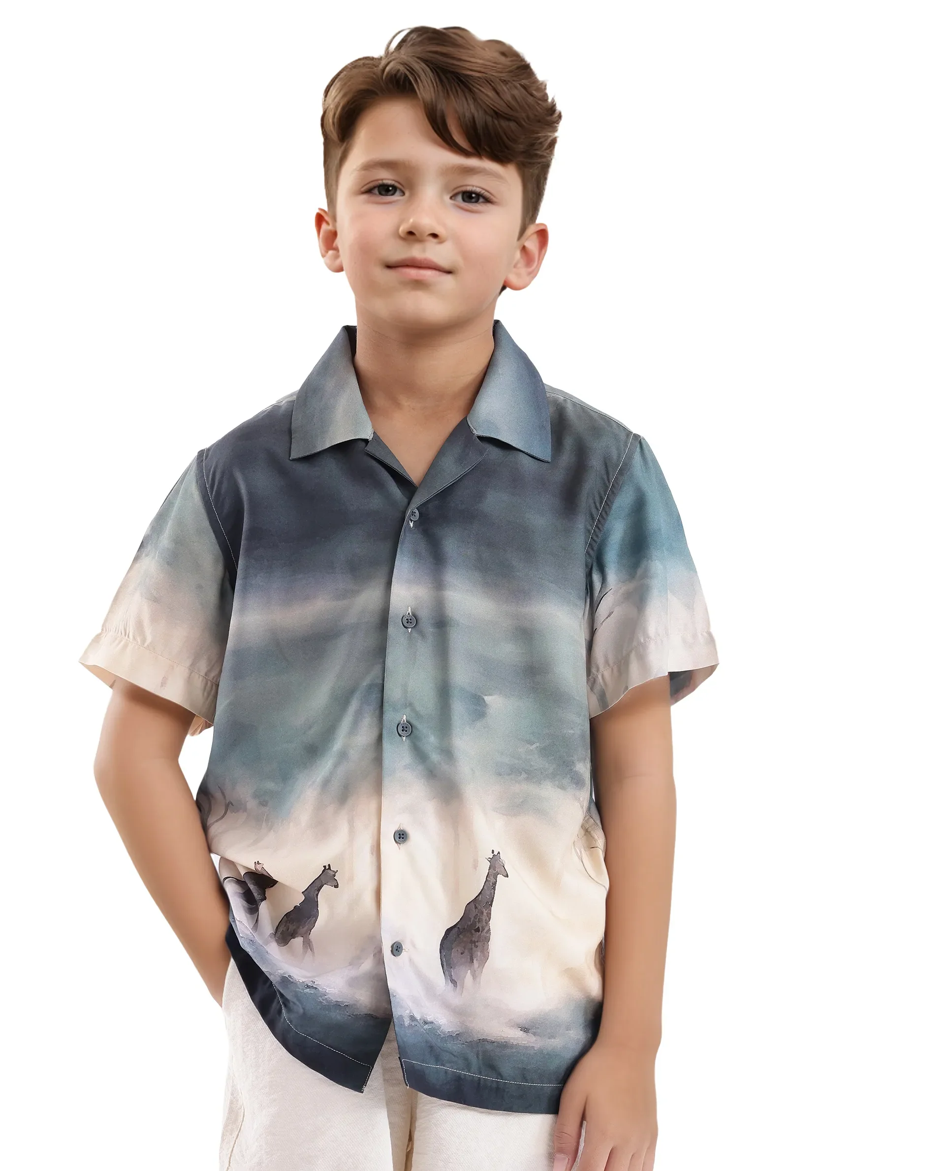 Rare Ones Kids Kenyo Dusky Green Viscose Rayon Half Sleeve Cuban Collar Printed Shirt - Image 5