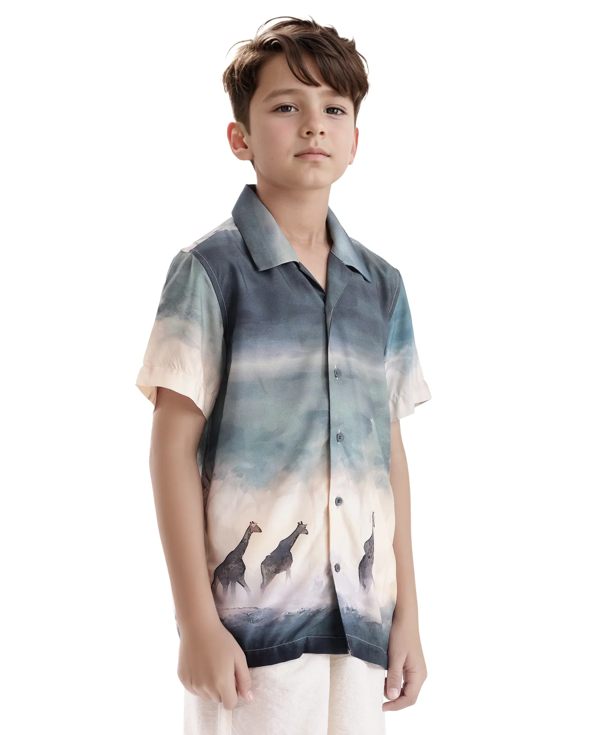 Rare Ones Kids Kenyo Dusky Green Viscose Rayon Half Sleeve Cuban Collar Printed Shirt - Image 6