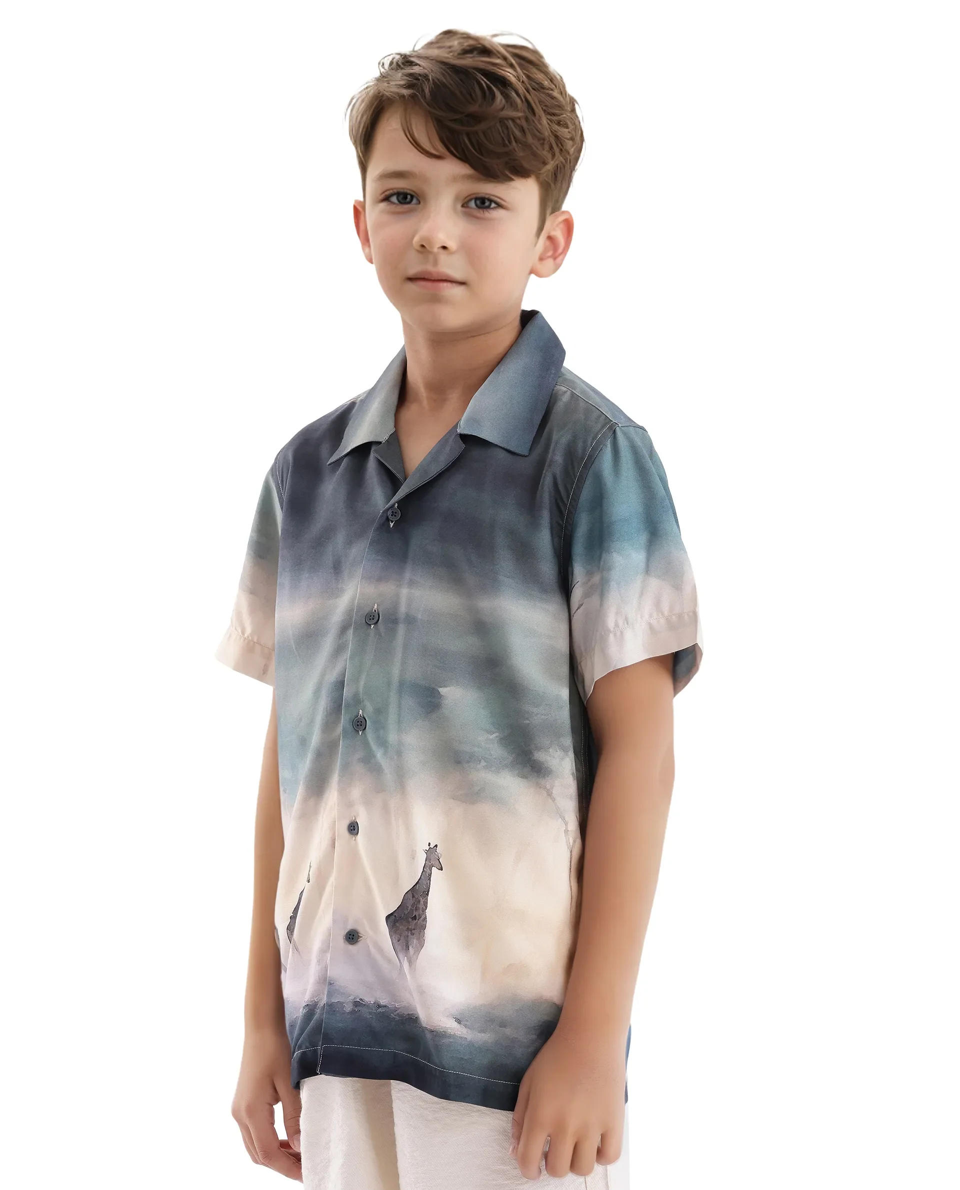 Rare Ones Kids Kenyo Dusky Green Viscose Rayon Half Sleeve Cuban Collar Printed Shirt - Image 7
