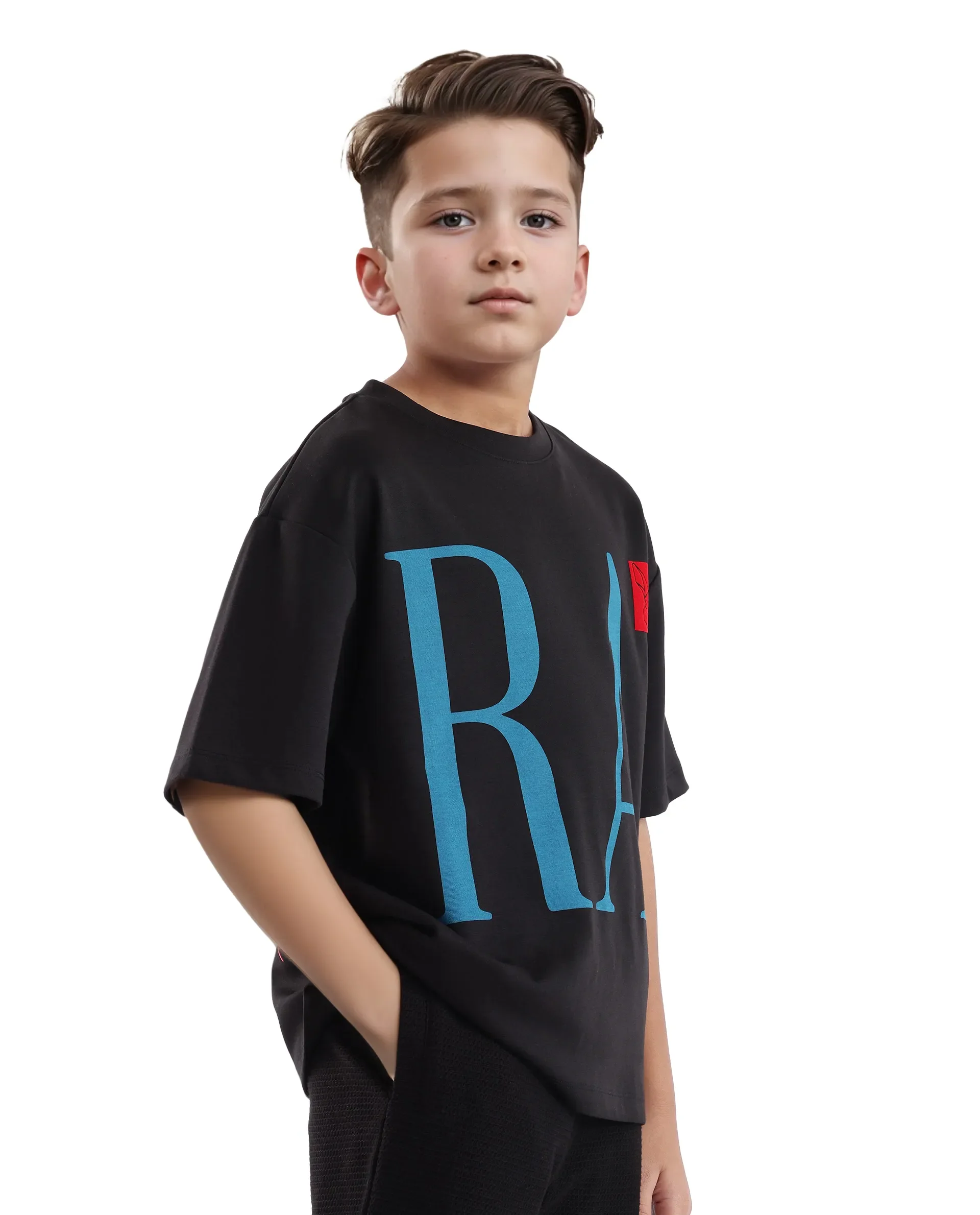 Rare Ones Kids Kin Black Cotton Poly Short Sleeve Crew Neck Pigment Print Boxy T-Shirt - Image 5