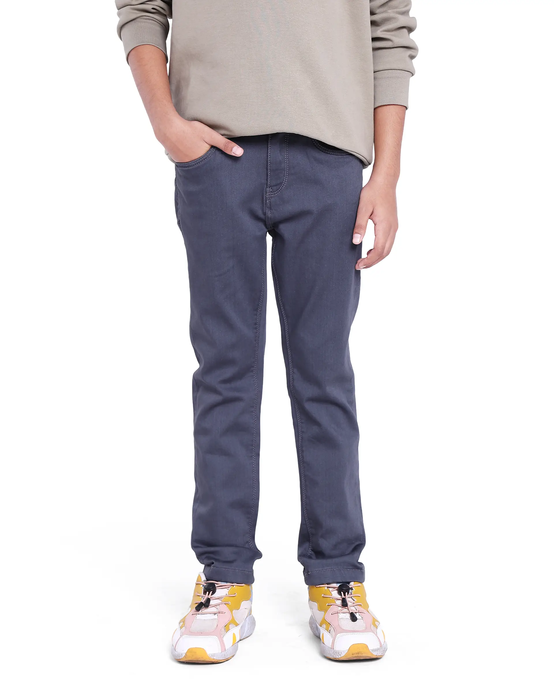 Rare Ones Kids Kino Grey Cotton Poly Solid Slim Fit Denim Pant - Image 2