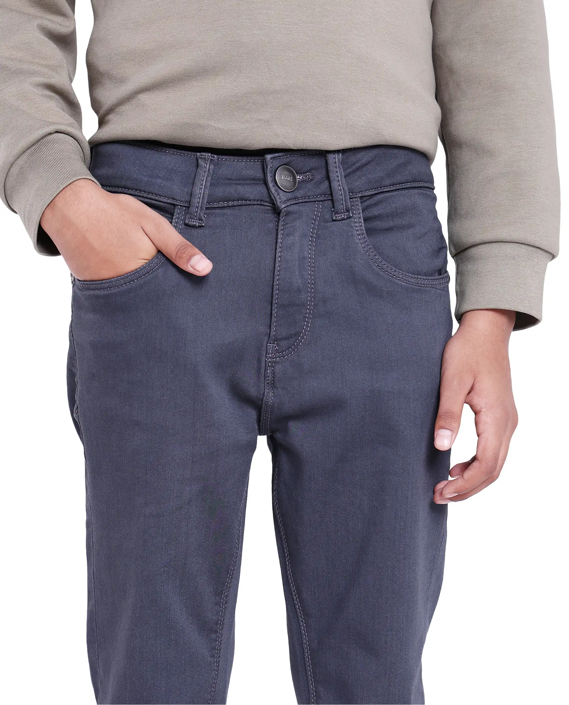 Rare Ones Kids Kino Grey Cotton Poly Solid Slim Fit Denim Pant - Image 3