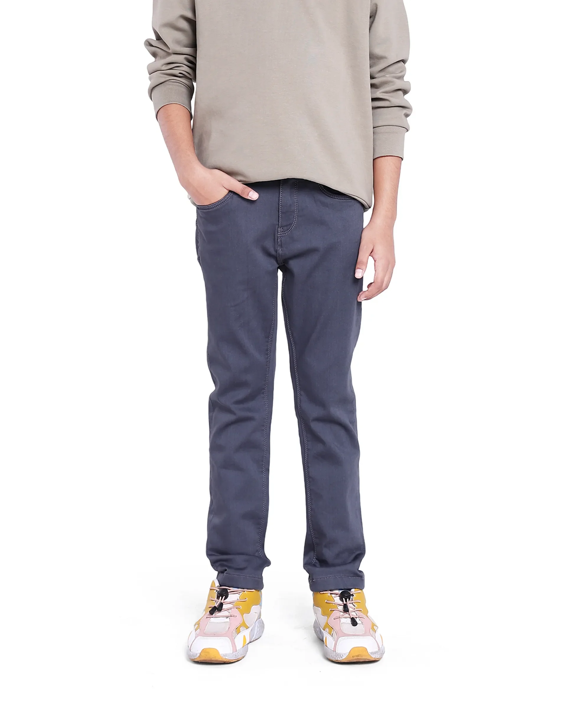 Rare Ones Kids Kino Grey Cotton Poly Solid Slim Fit Denim Pant - Image 4