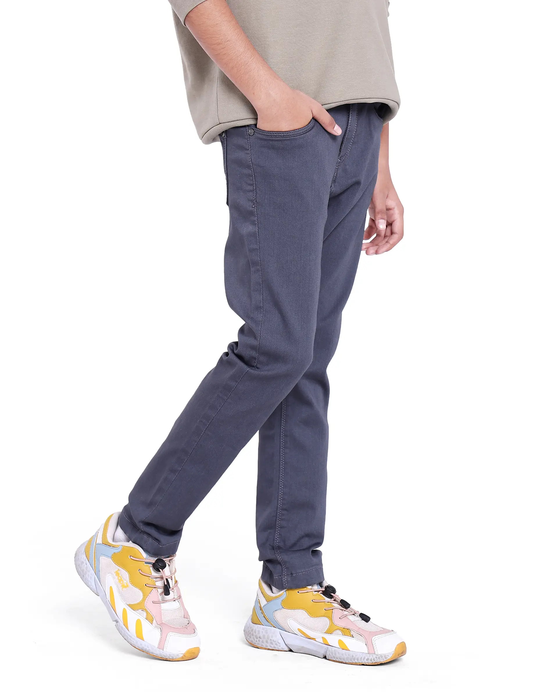 Rare Ones Kids Kino Grey Cotton Poly Solid Slim Fit Denim Pant - Image 5