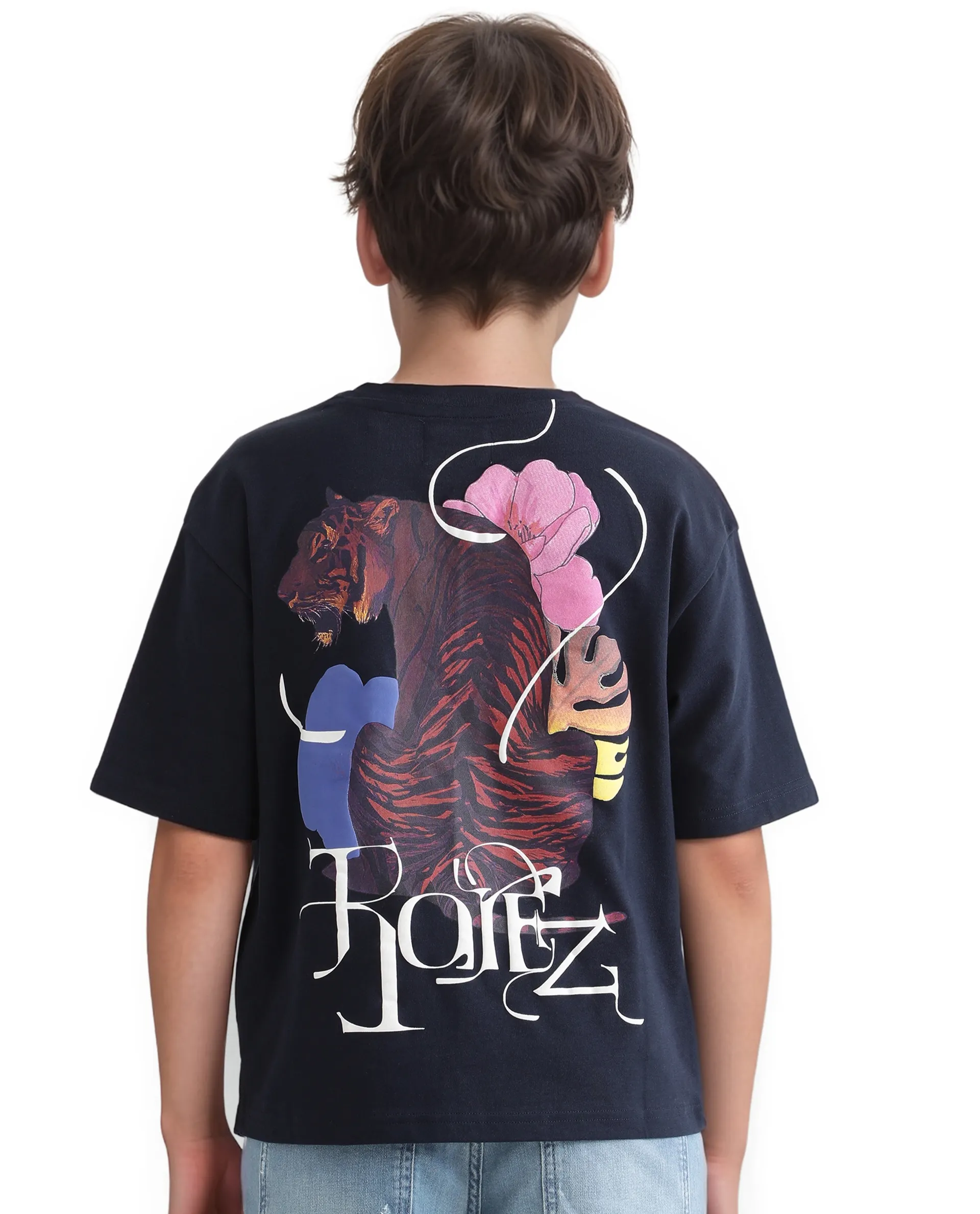 Rare Ones Kids Knix-K Navy Cotton Half Sleeve Slip-On Graphic Printed Boxy Fit T-Shirt - Image 9