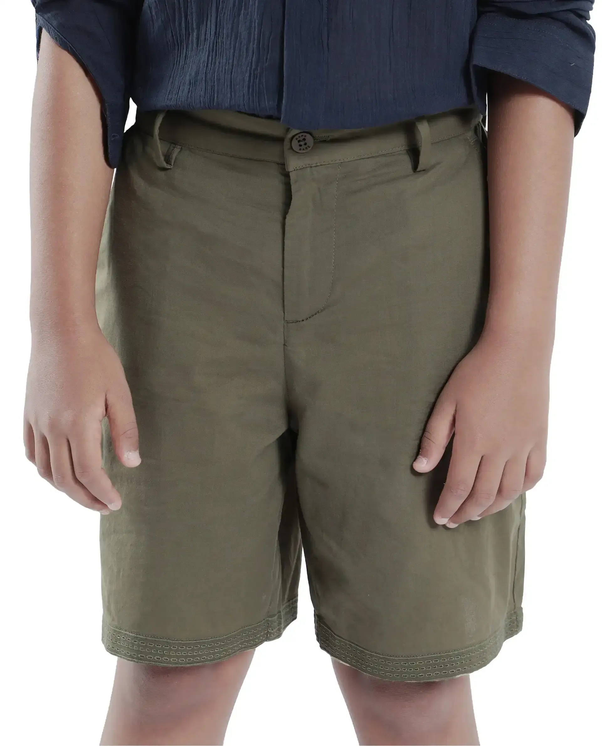 Rare Ones Kids Kyte-B Olive Cotton Button And Zip Closure Solid Regular Fit Shorts - Image 2