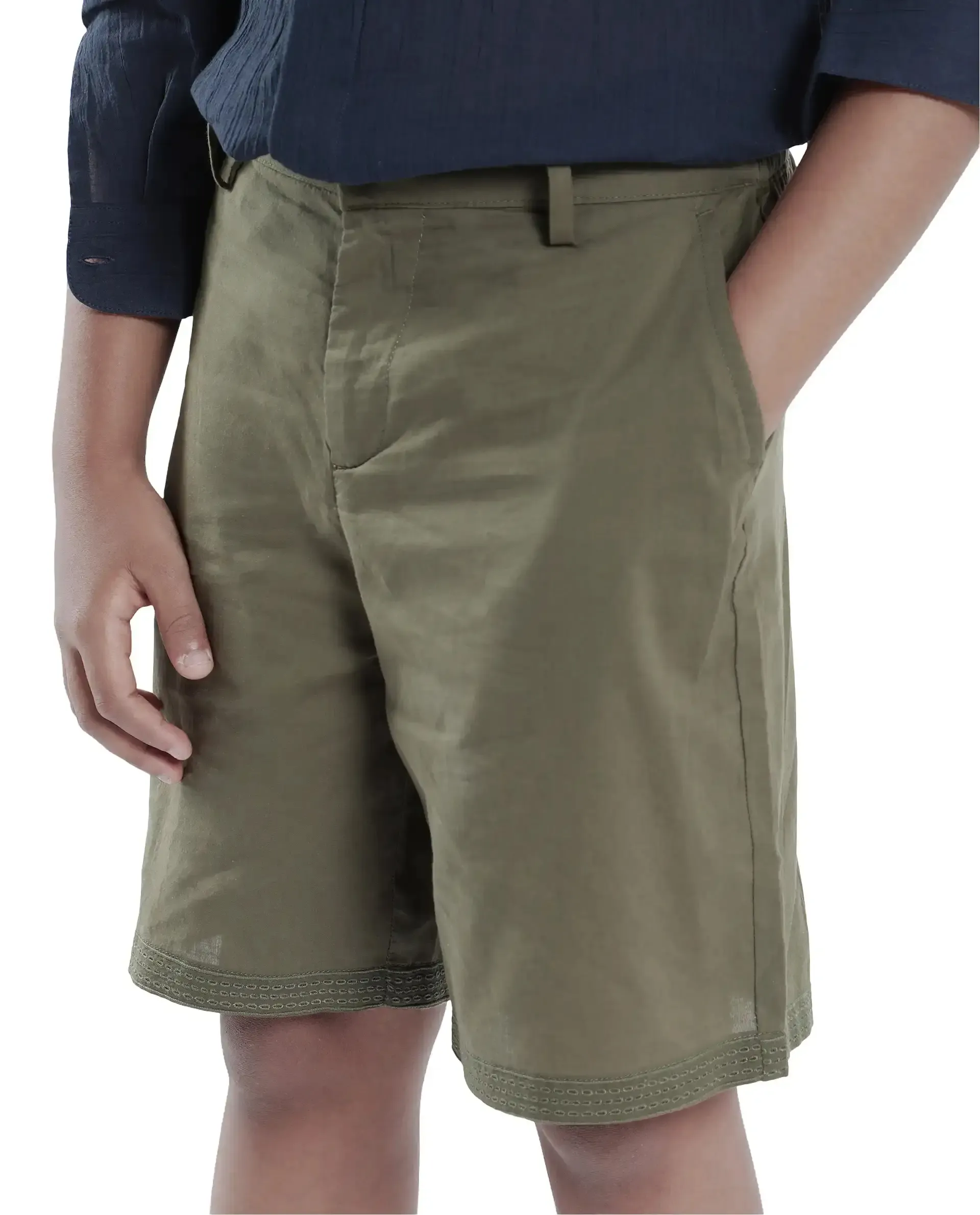 Rare Ones Kids Kyte-B Olive Cotton Button And Zip Closure Solid Regular Fit Shorts - Image 3