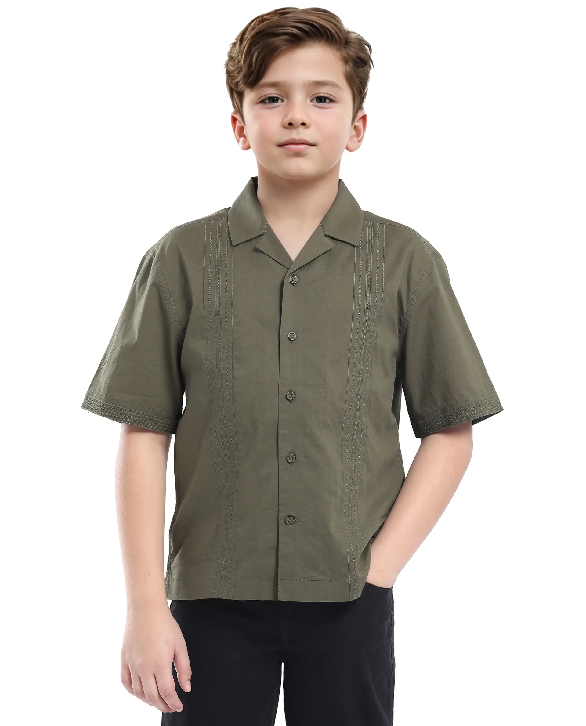 Rare Ones Kids Kyte-S Olive Cotton Blend Half Sleeve Solid Button Closure Regular Fit Shirt - Image 3