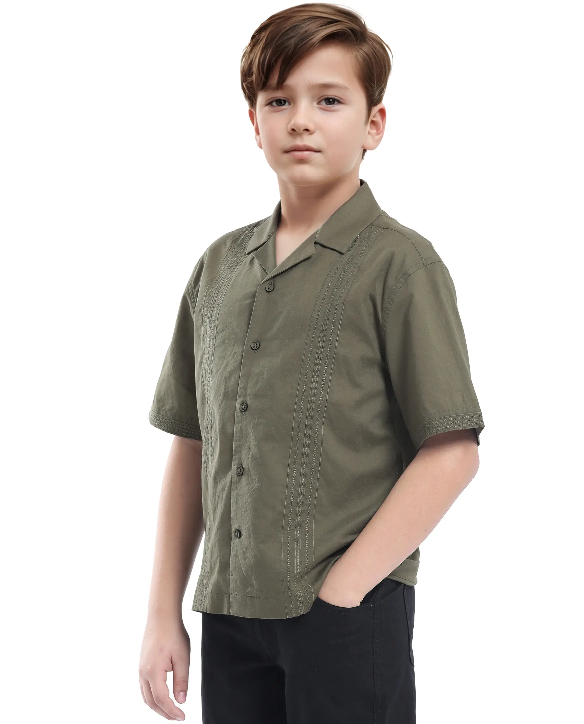 Rare Ones Kids Kyte-S Olive Cotton Blend Half Sleeve Solid Button Closure Regular Fit Shirt - Image 6