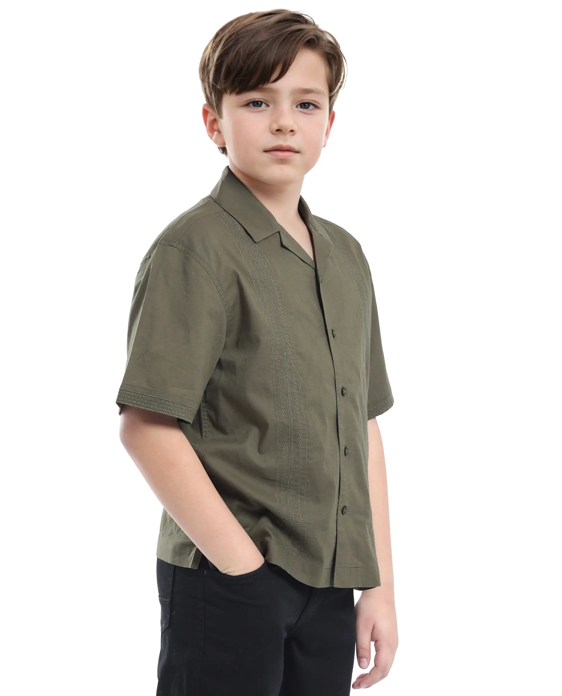 Rare Ones Kids Kyte-S Olive Cotton Blend Half Sleeve Solid Button Closure Regular Fit Shirt - Image 7