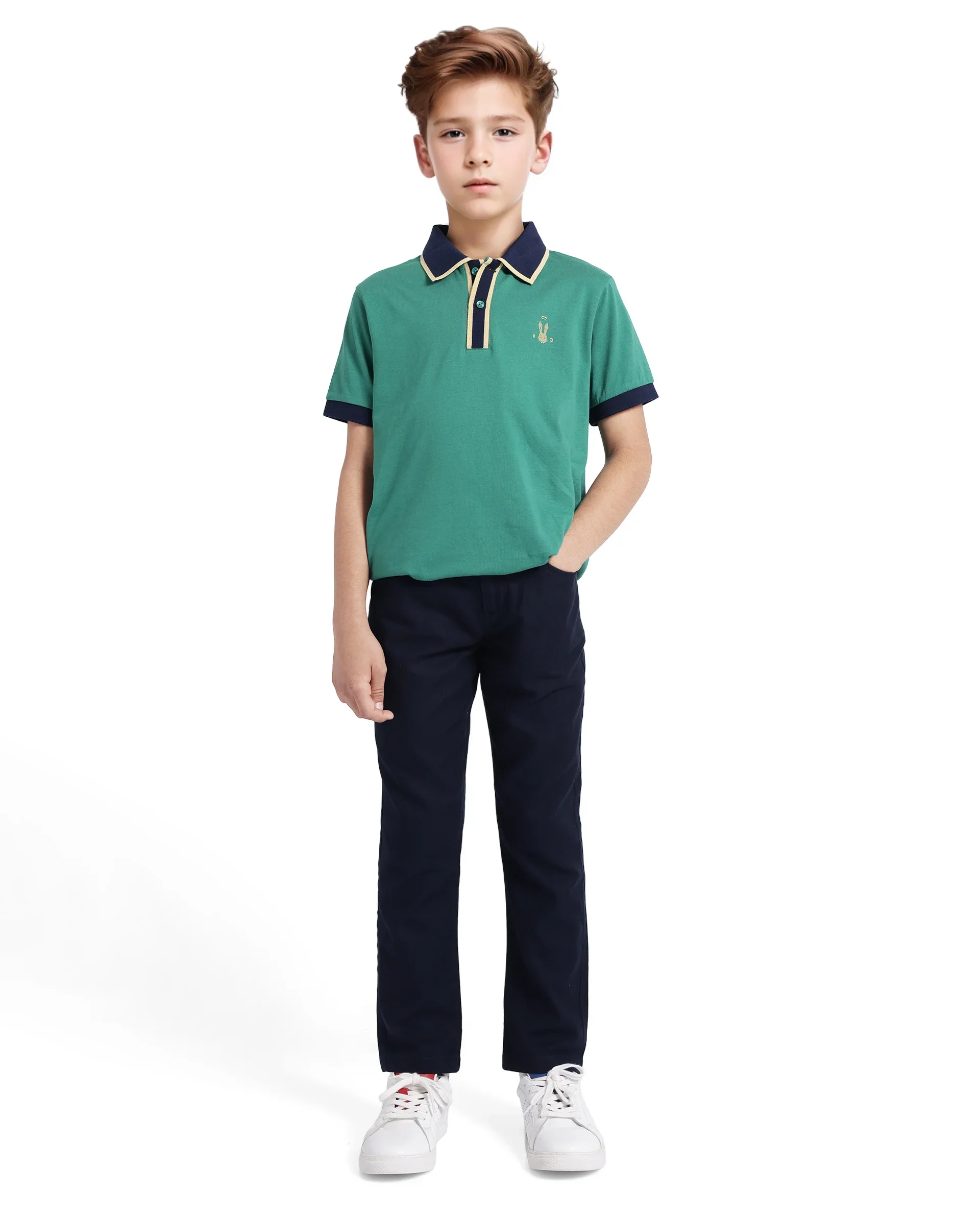 Rare Ones Kids Larn Dark Green Cotton Half Sleeves Contrasting Collar Regular Fit Solid Polo - Image 2