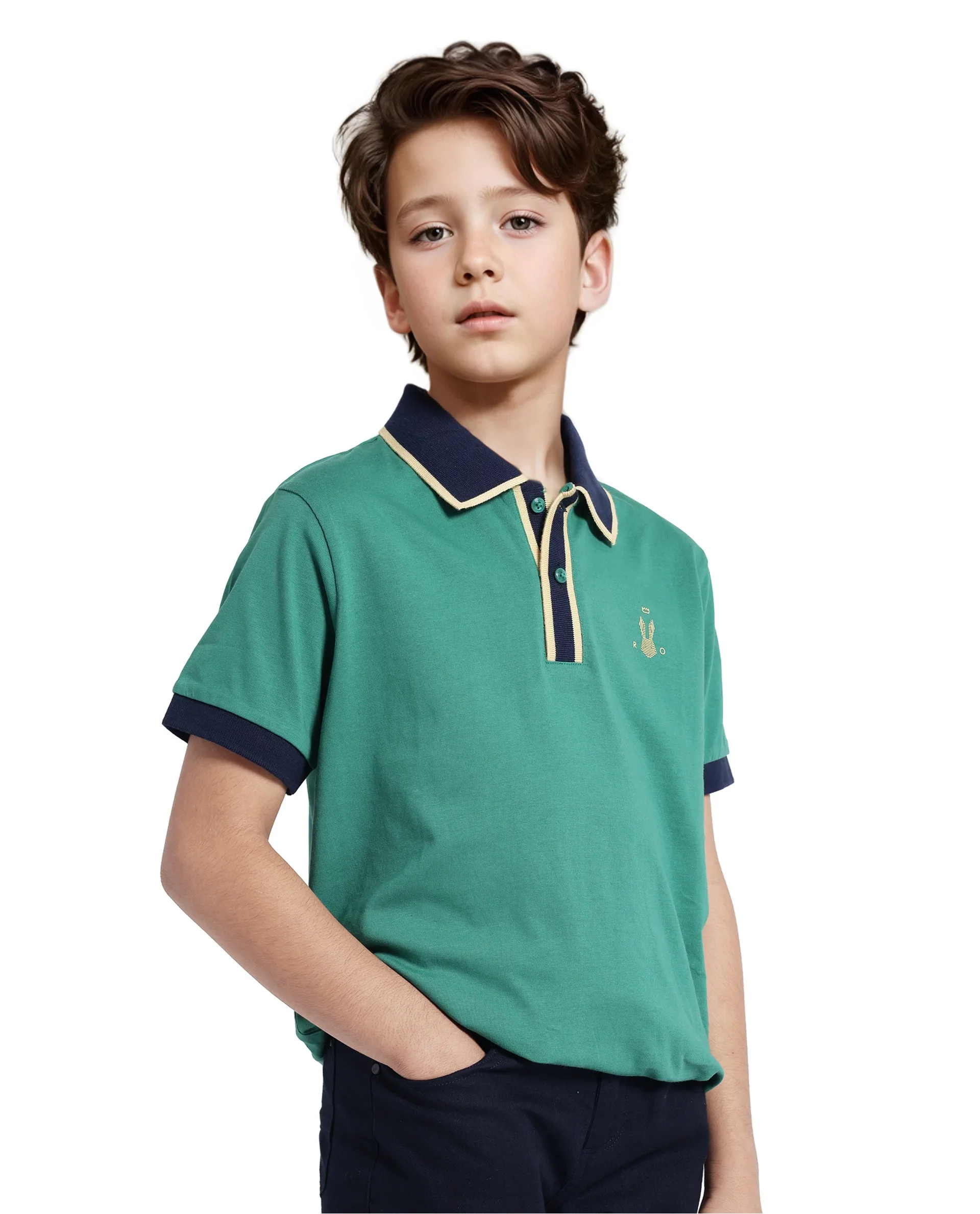 Rare Ones Kids Larn Dark Green Cotton Half Sleeves Contrasting Collar Regular Fit Solid Polo - Image 3
