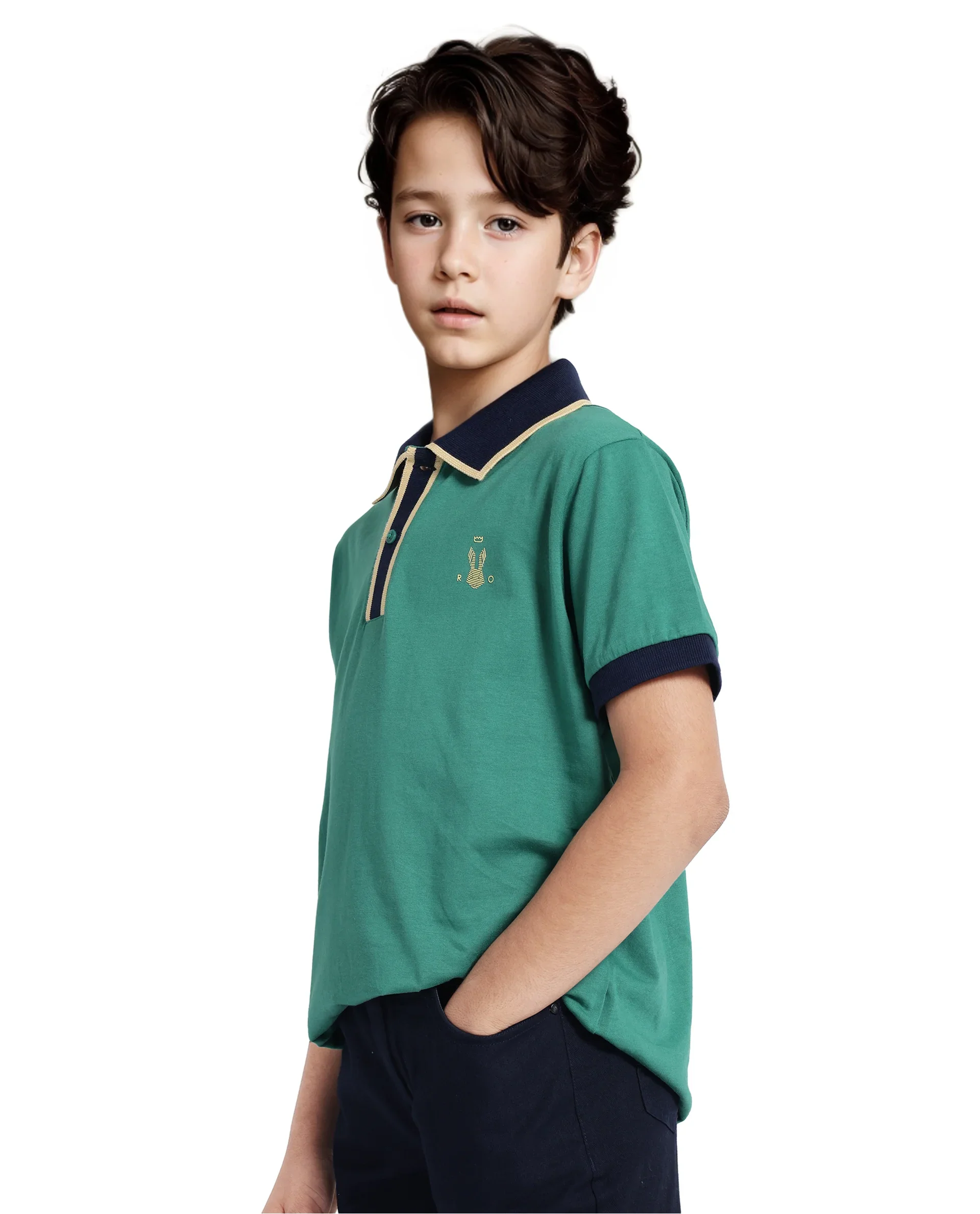 Rare Ones Kids Larn Dark Green Cotton Half Sleeves Contrasting Collar Regular Fit Solid Polo - Image 5