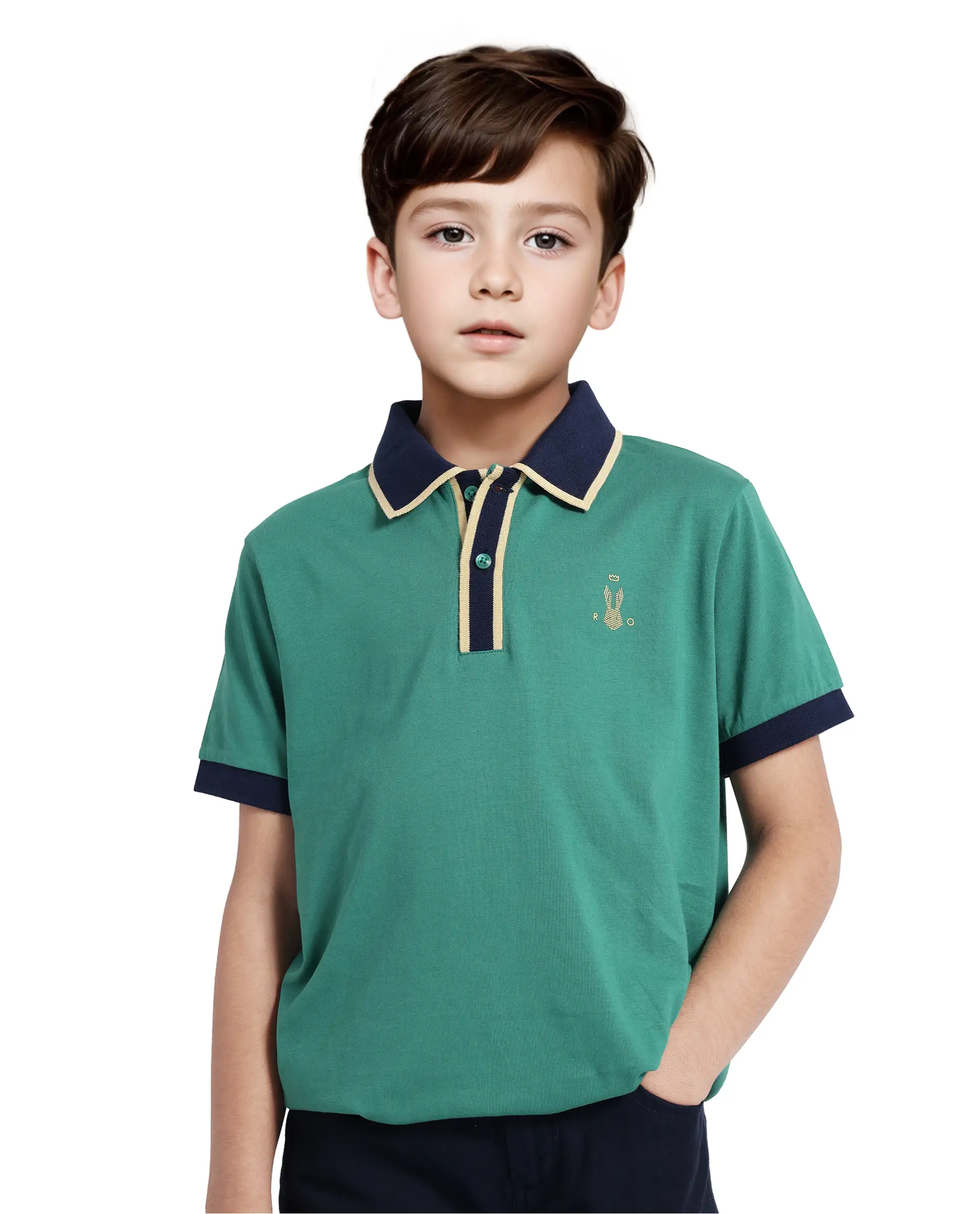Rare Ones Kids Larn Dark Green Cotton Half Sleeves Contrasting Collar Regular Fit Solid Polo - Image 6