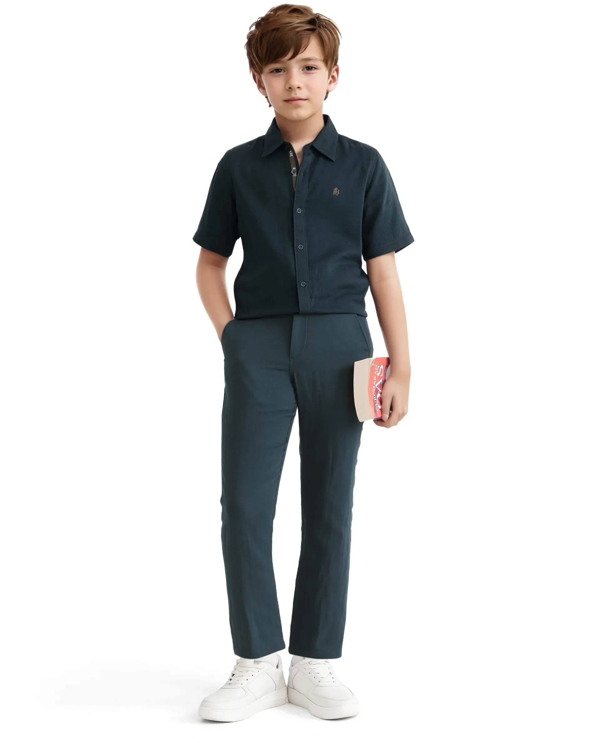 Rare Ones Kids Layerr Hs-K Teal Cotton Short Sleeve Spread Collar Solid Shirt - Image 2