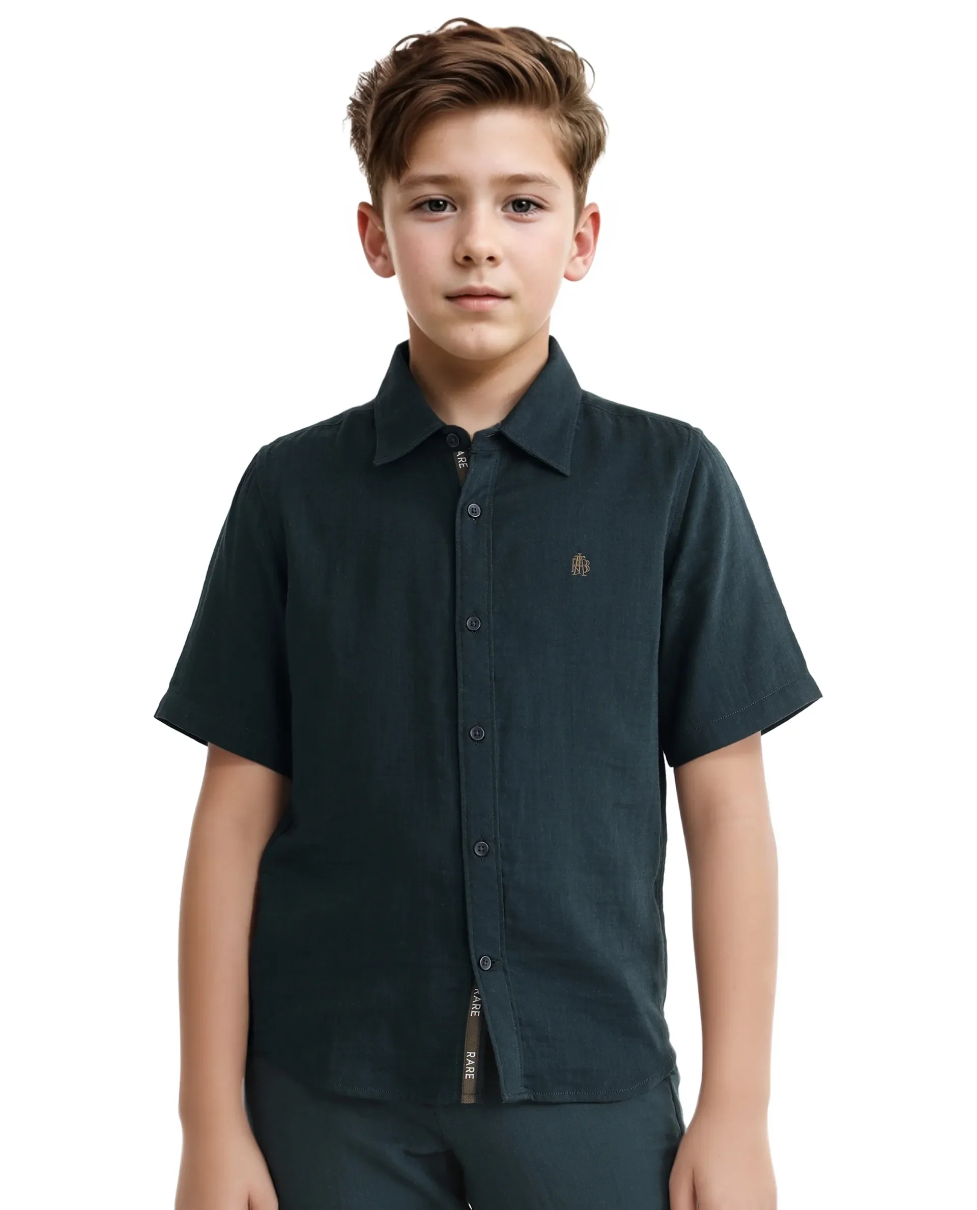 Rare Ones Kids Layerr Hs-K Teal Cotton Short Sleeve Spread Collar Solid Shirt - Image 3