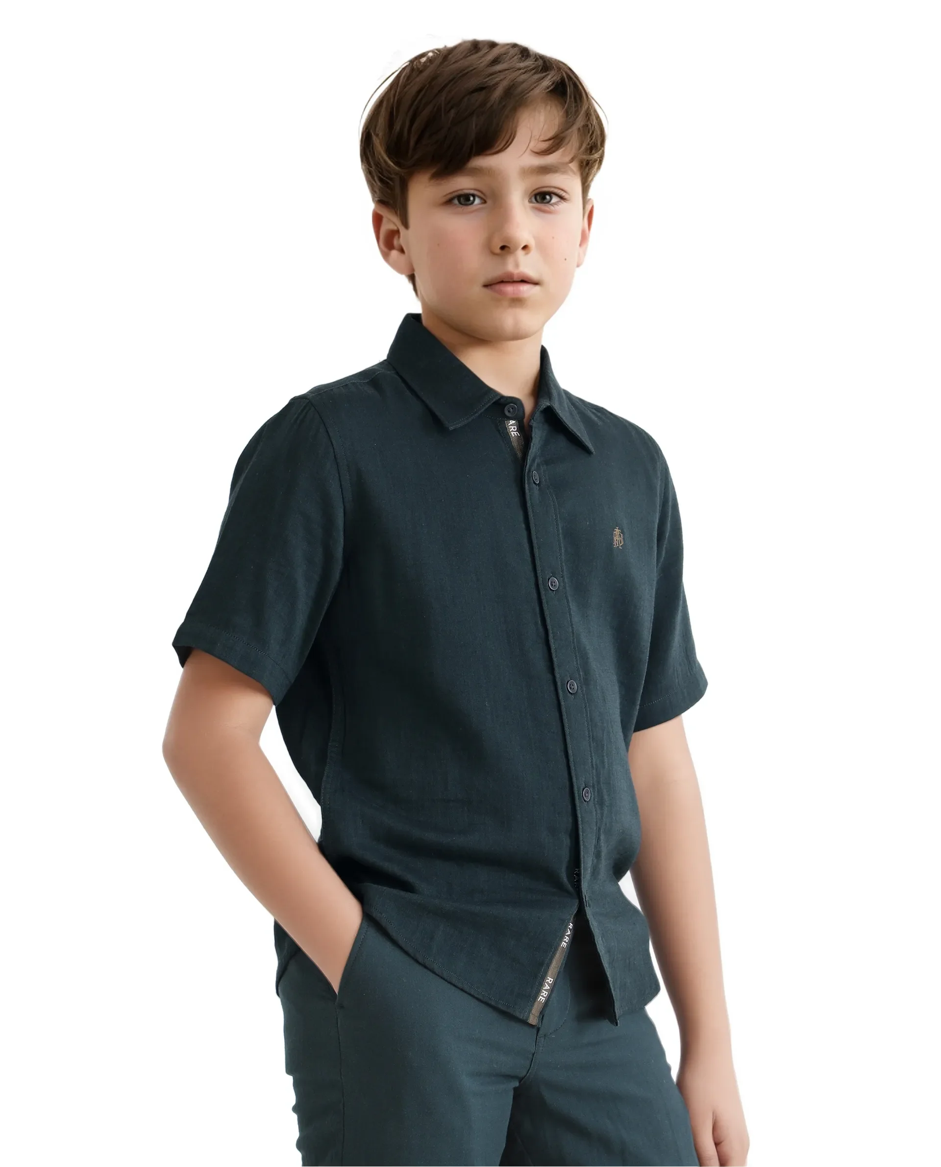 Rare Ones Kids Layerr Hs-K Teal Cotton Short Sleeve Spread Collar Solid Shirt - Image 5