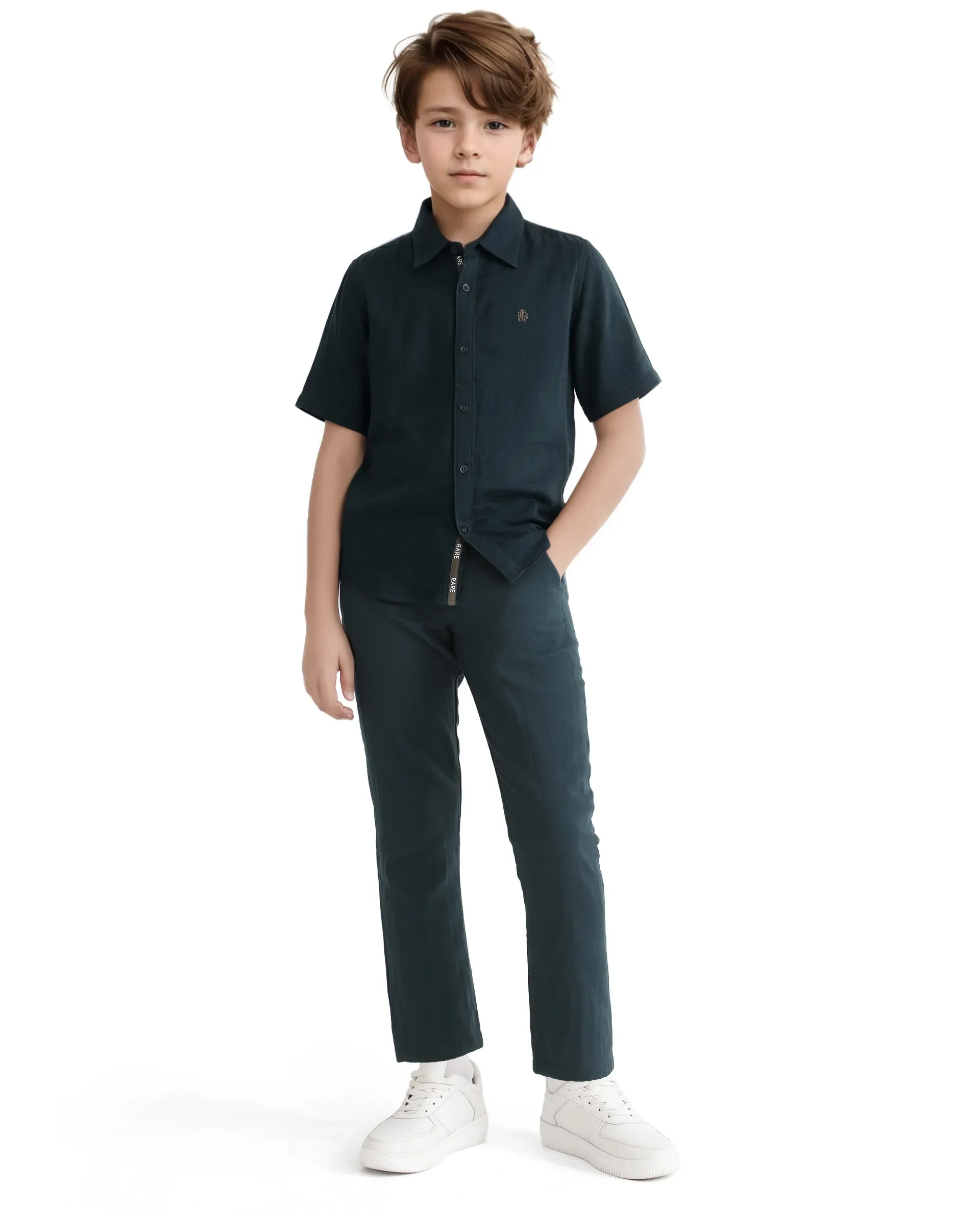 Rare Ones Kids Layerr Hs-K Teal Cotton Short Sleeve Spread Collar Solid Shirt - Image 6