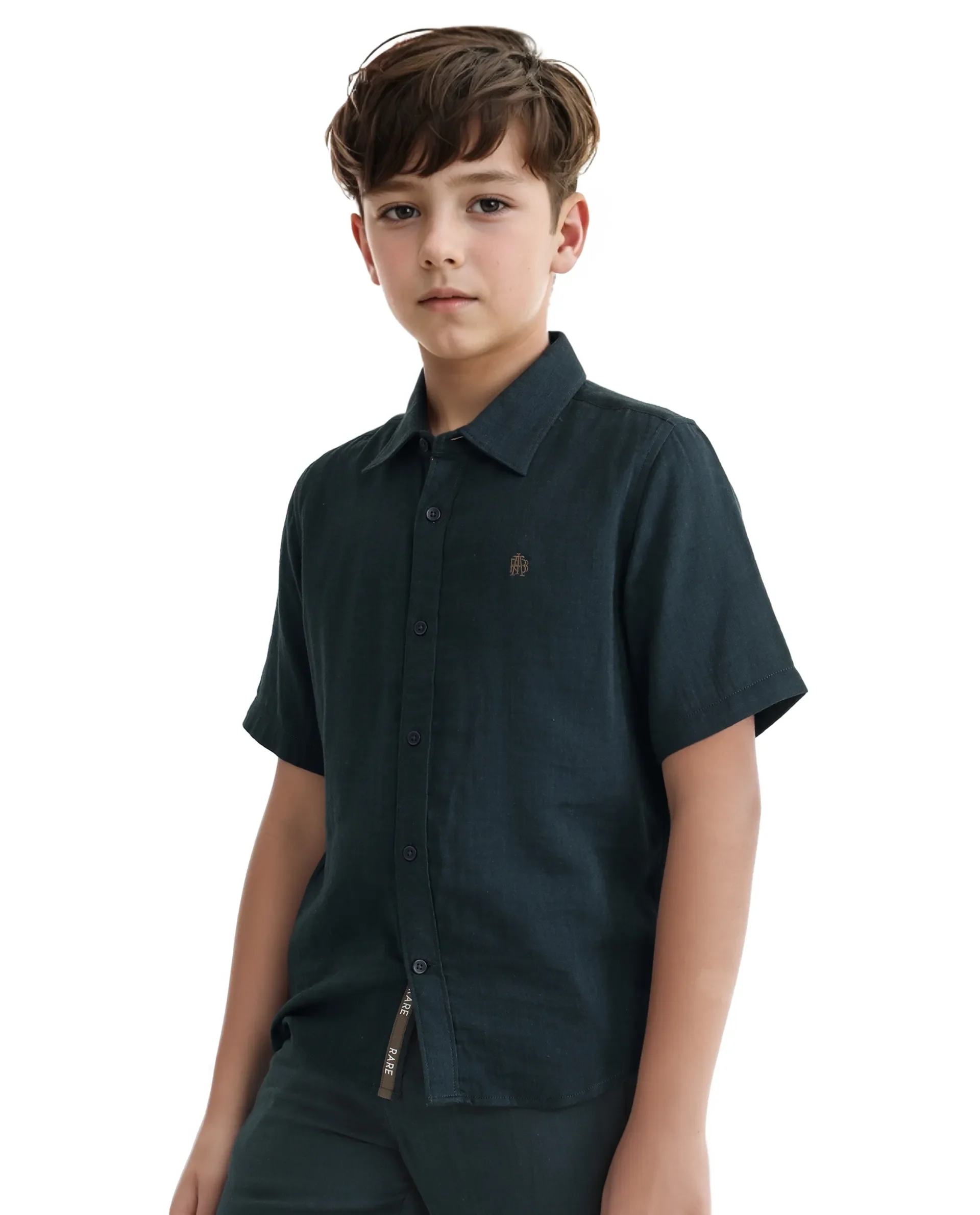 Rare Ones Kids Layerr Hs-K Teal Cotton Short Sleeve Spread Collar Solid Shirt - Image 7