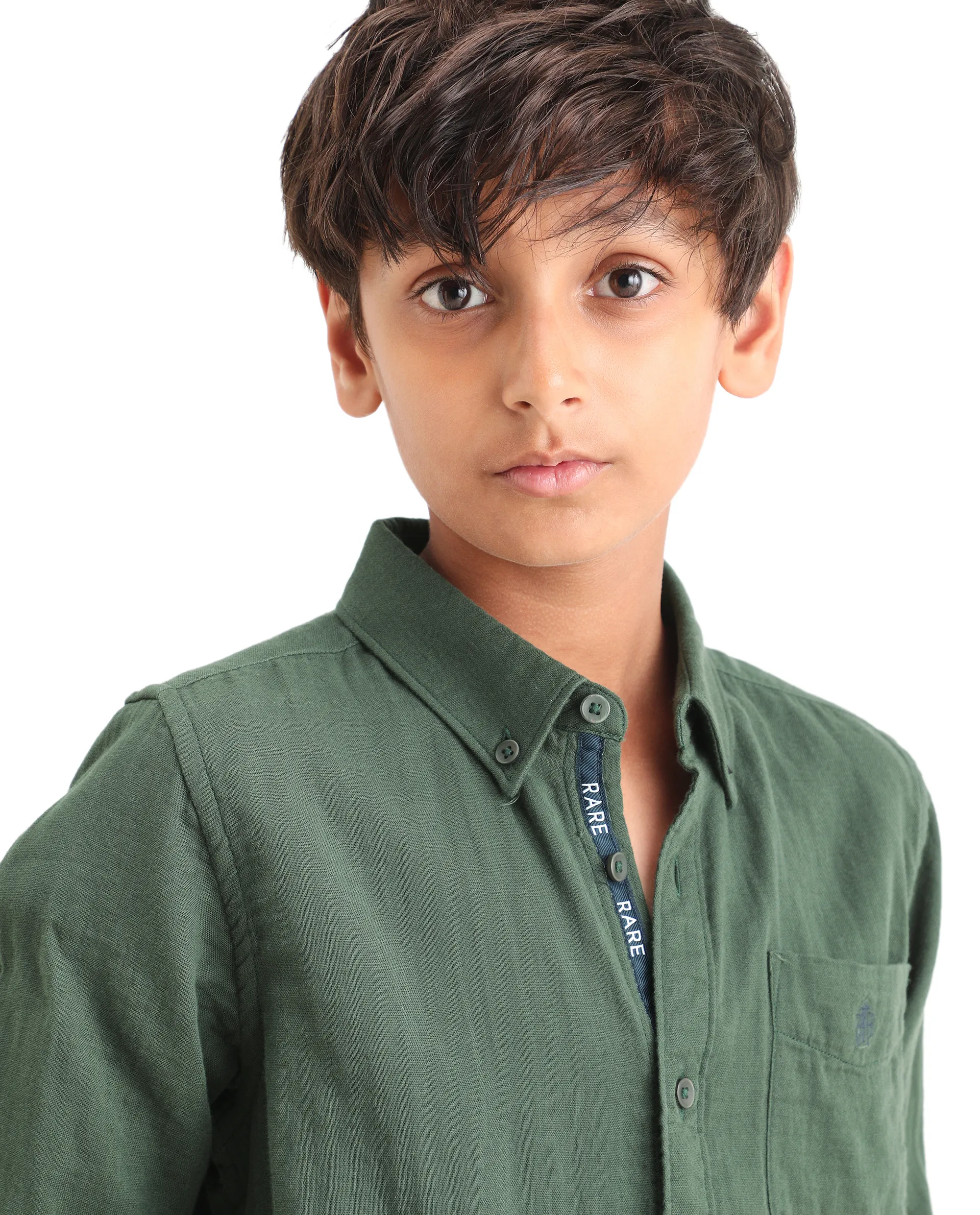 Rare Ones Kids Layerr Ls-K Dusky Green Cotton Full Sleeve Spread Collar Solid Shirt - Image 3
