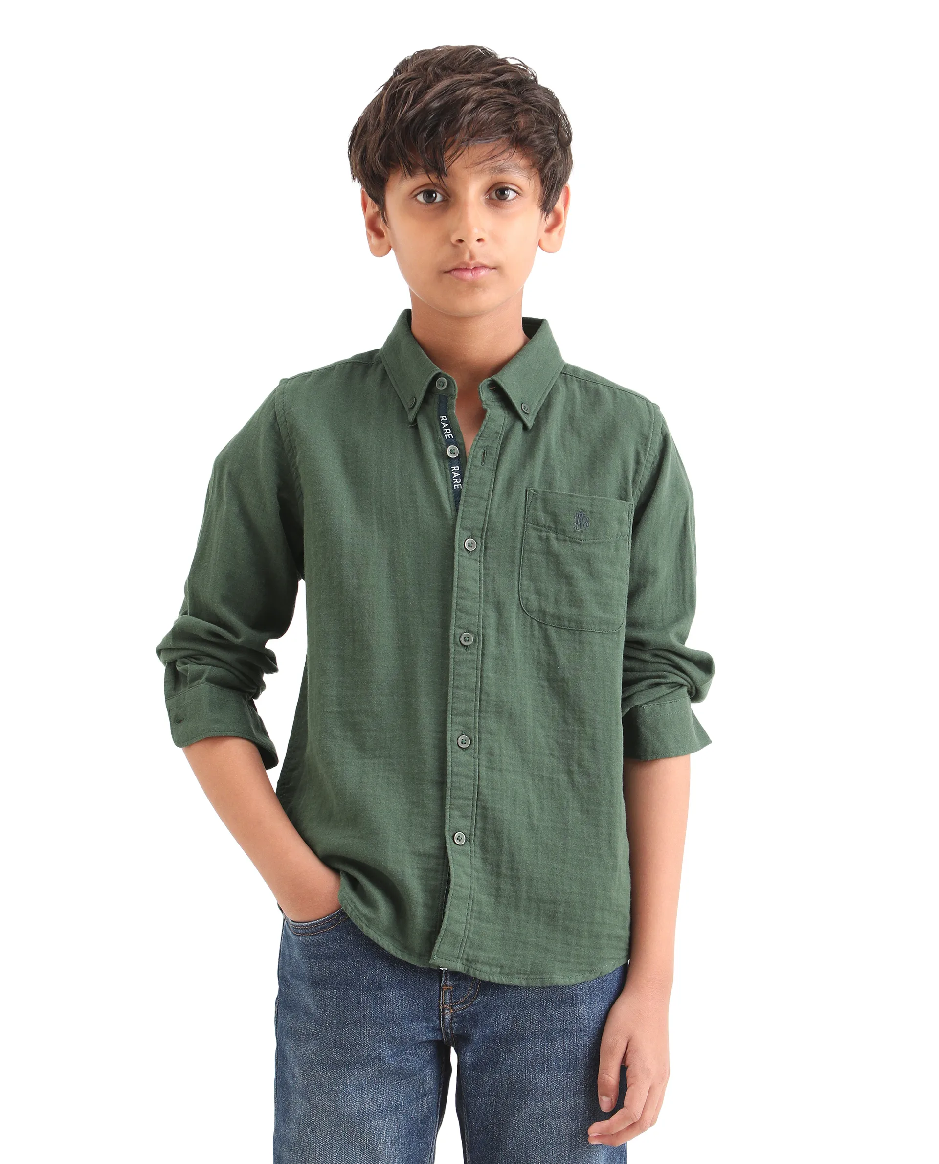 Rare Ones Kids Layerr Ls-K Dusky Green Cotton Full Sleeve Spread Collar Solid Shirt - Image 4