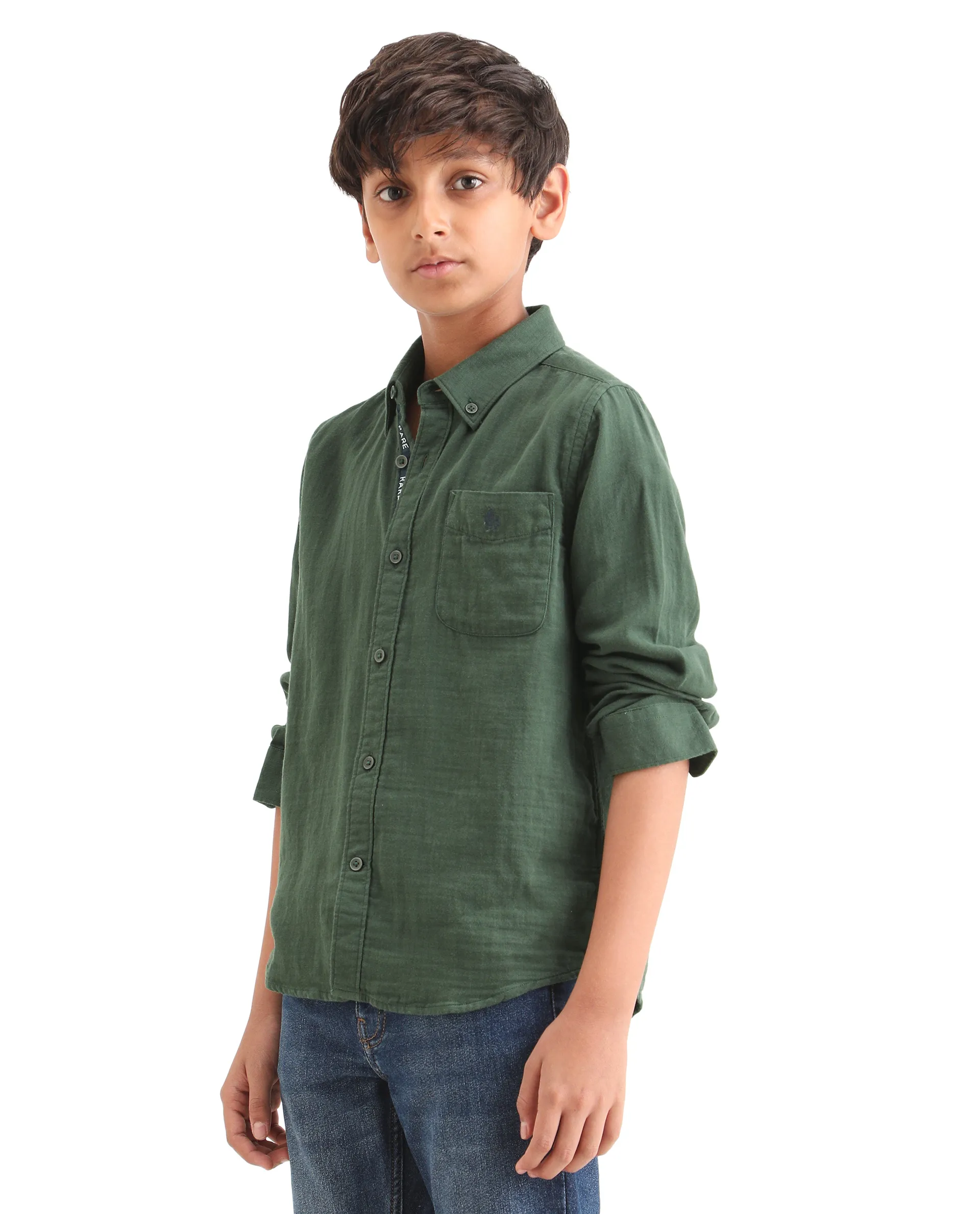 Rare Ones Kids Layerr Ls-K Dusky Green Cotton Full Sleeve Spread Collar Solid Shirt - Image 6