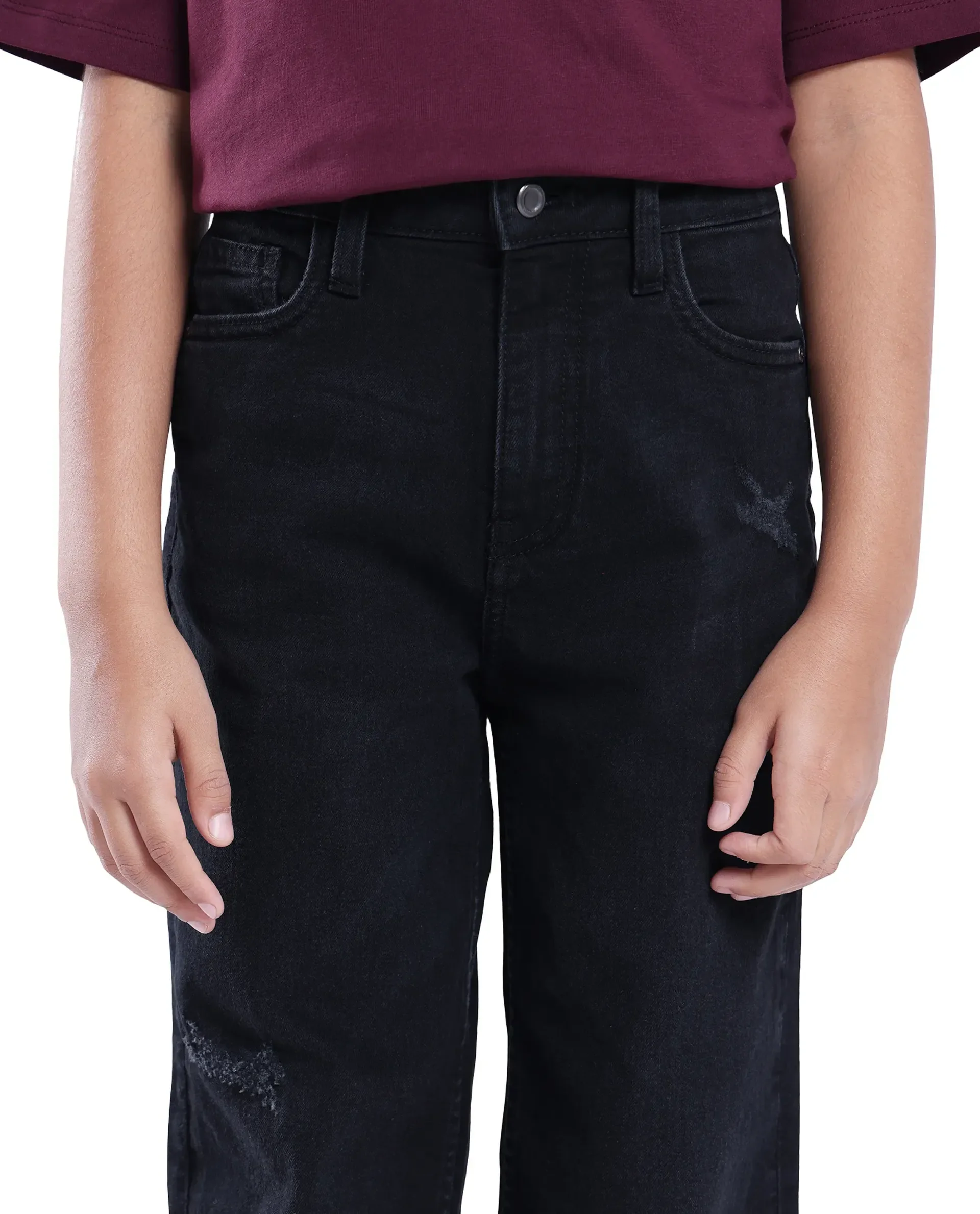 Rare Ones Kids Lea Black Cotton Solid Button And Zip Closure Wide Leg Fit Jeans - Image 2