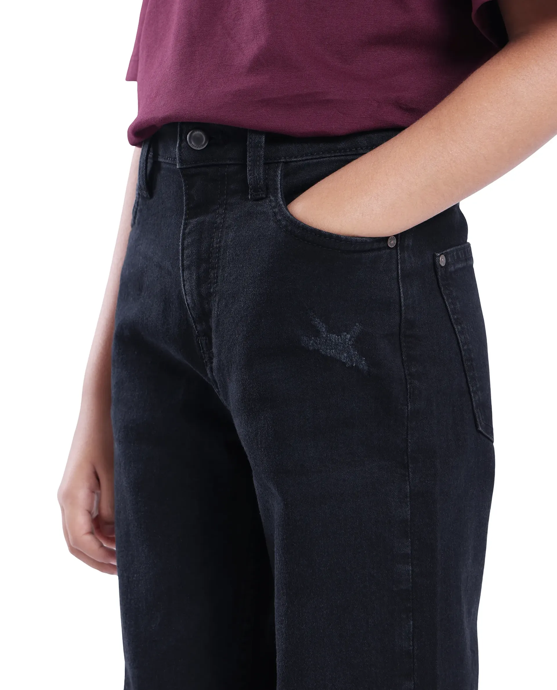 Rare Ones Kids Lea Black Cotton Solid Button And Zip Closure Wide Leg Fit Jeans - Image 3