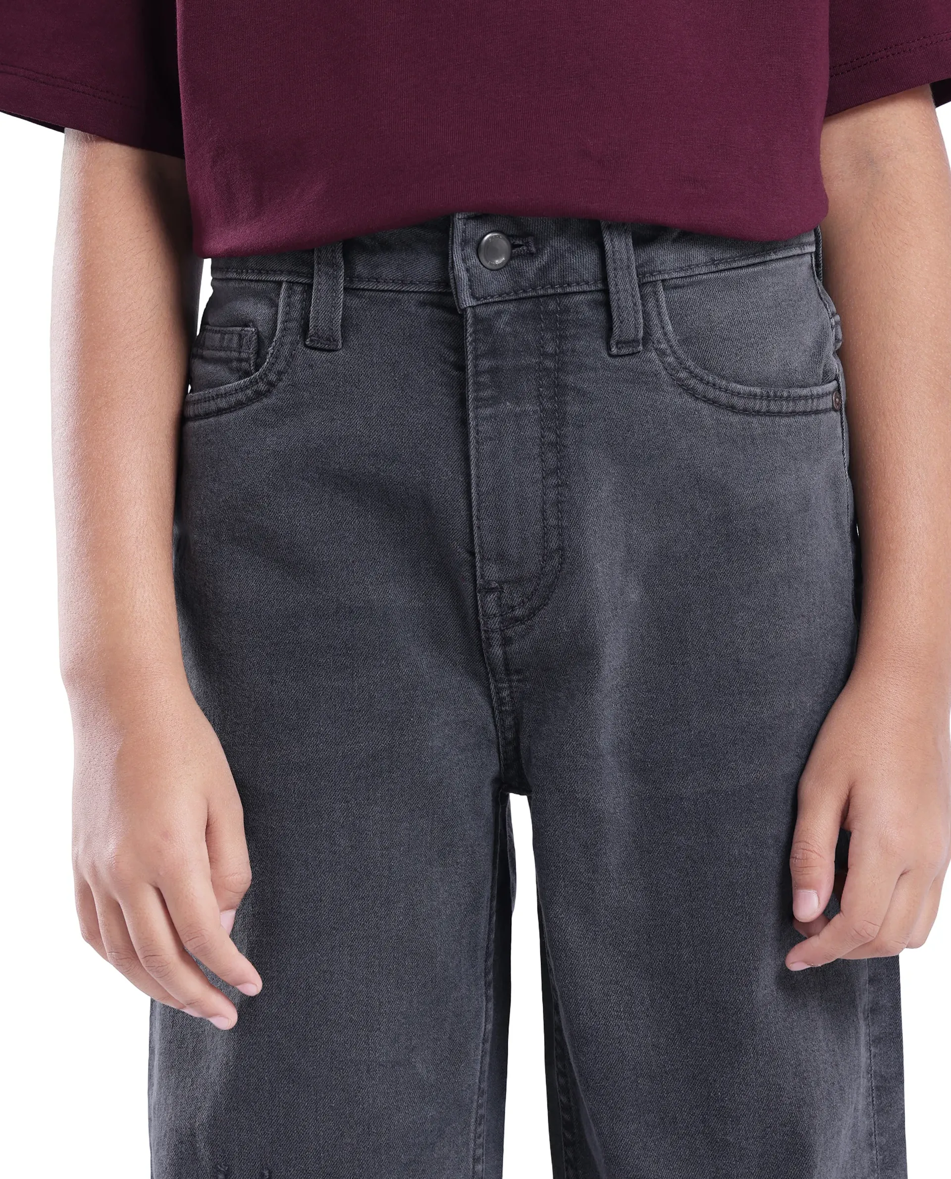 Rare Ones Kids Lea Grey Cotton Solid Button And Zip Closure Wide Leg Fit Jeans - Image 2