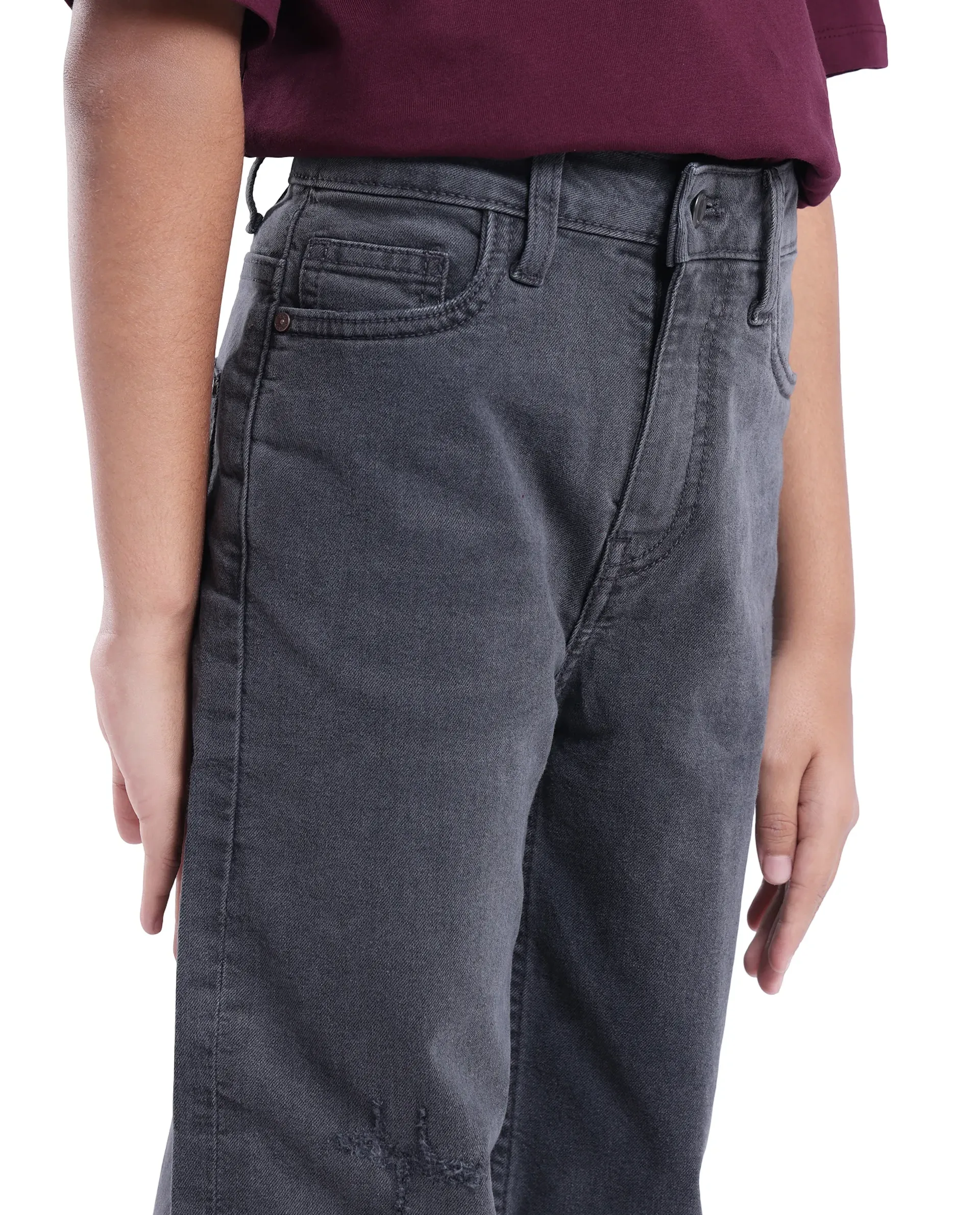 Rare Ones Kids Lea Grey Cotton Solid Button And Zip Closure Wide Leg Fit Jeans - Image 3