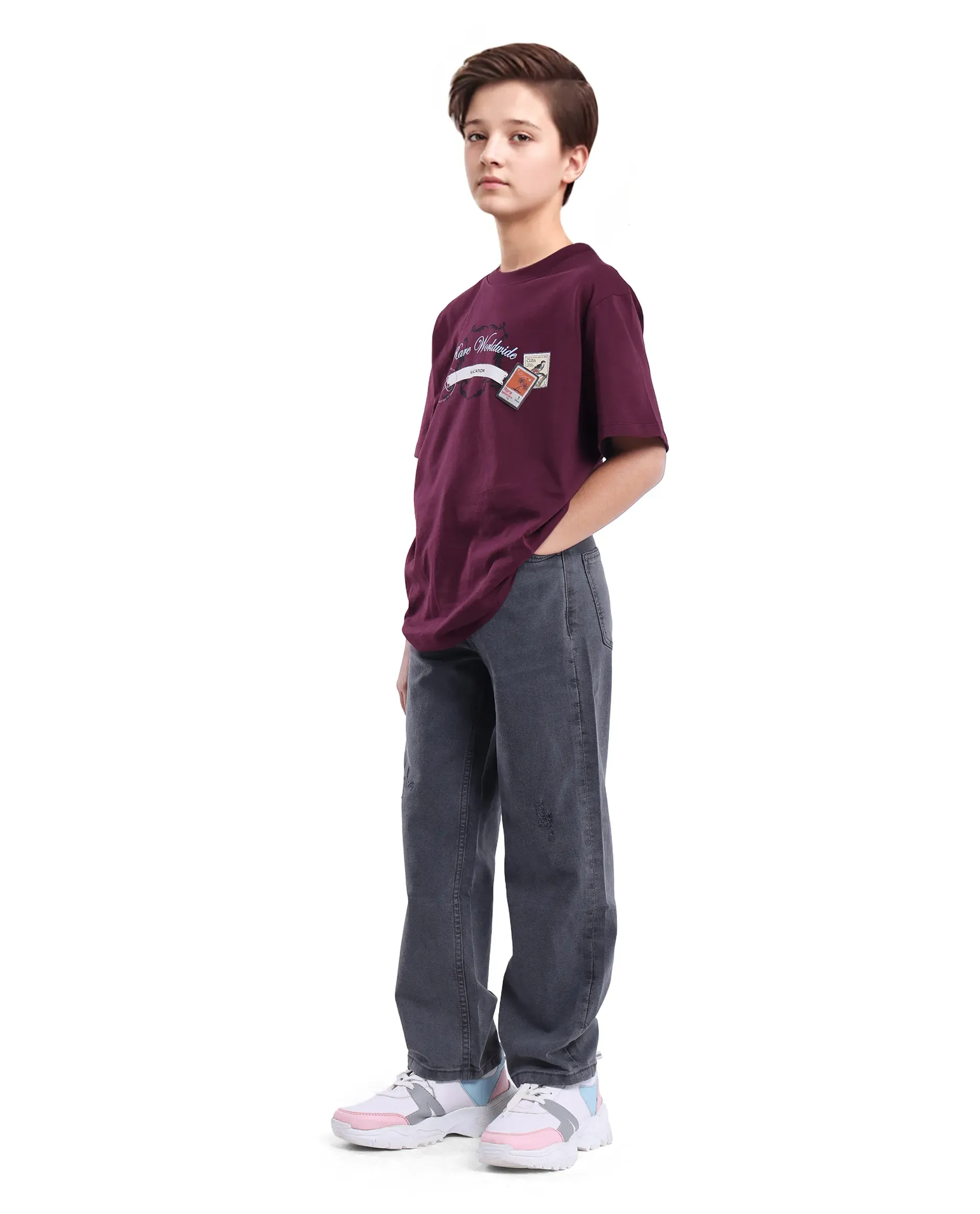Rare Ones Kids Lea Grey Cotton Solid Button And Zip Closure Wide Leg Fit Jeans - Image 5