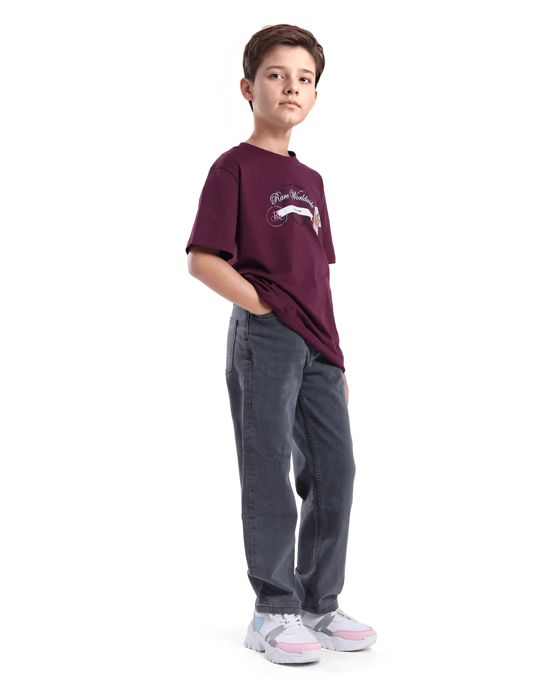 Rare Ones Kids Lea Grey Cotton Solid Button And Zip Closure Wide Leg Fit Jeans - Image 6