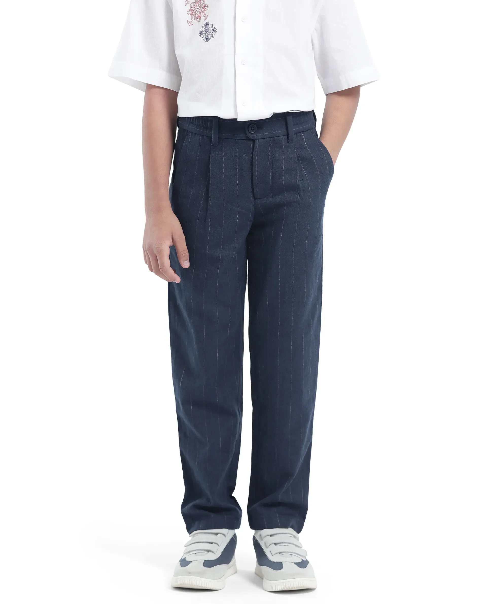 Rare Ones Kids Leo Navy Polyester Blend Striped Button & Zip Closure Regular Fit Trouser - Image 2