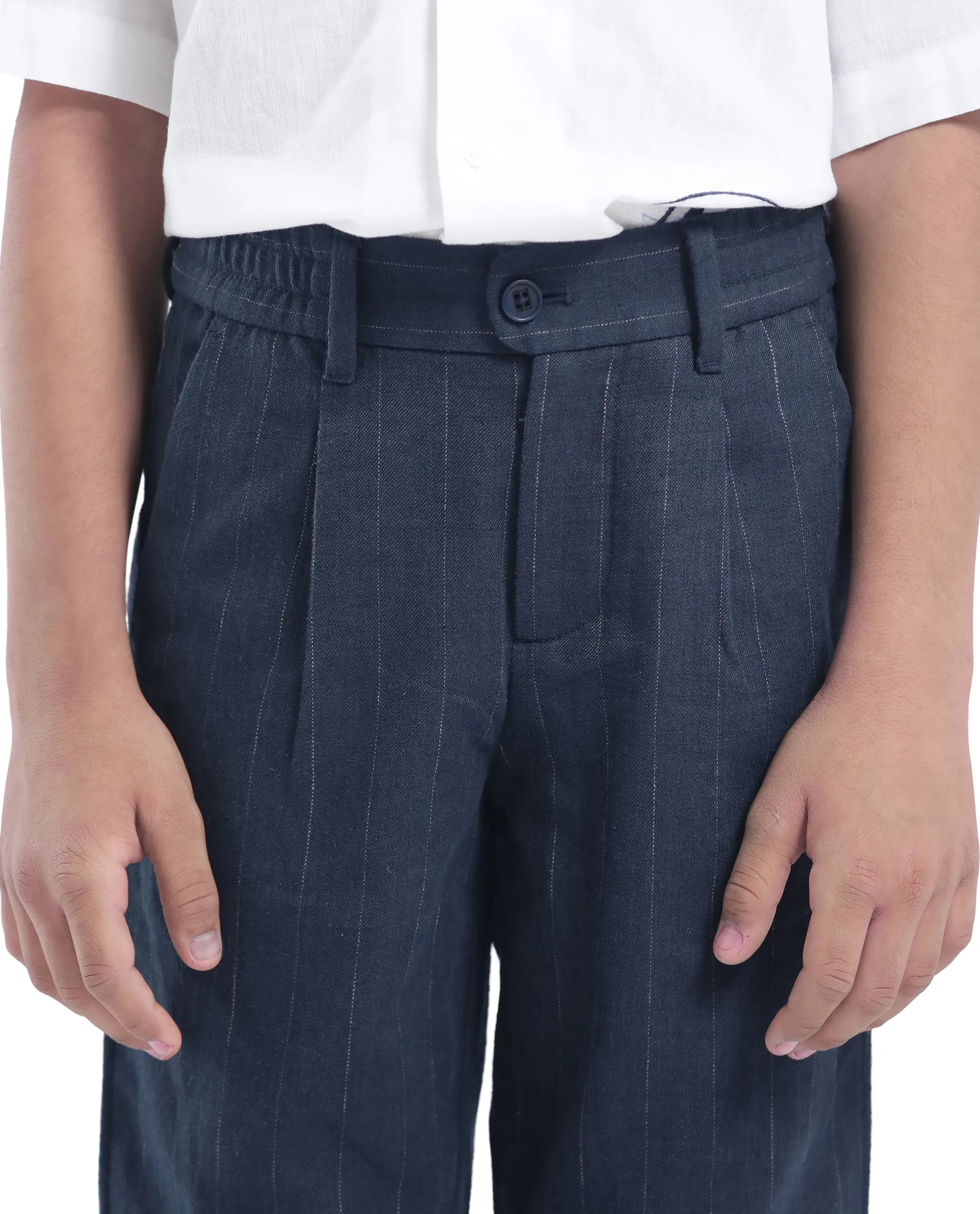 Rare Ones Kids Leo Navy Polyester Blend Striped Button & Zip Closure Regular Fit Trouser - Image 3