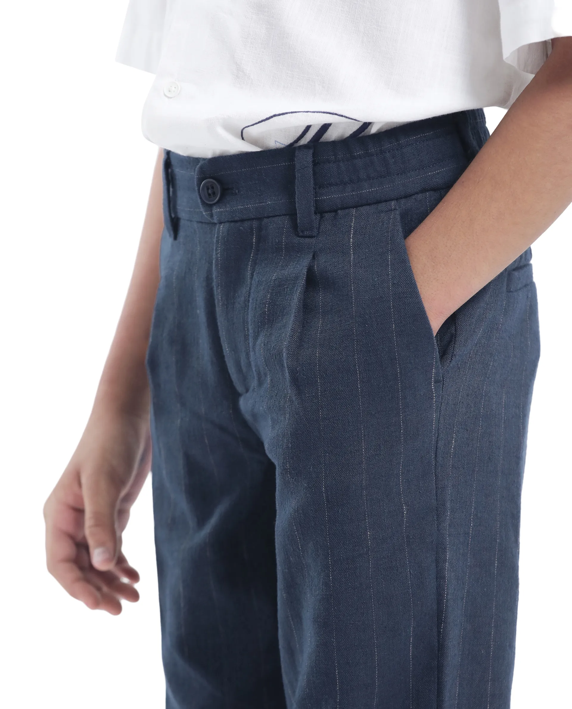 Rare Ones Kids Leo Navy Polyester Blend Striped Button & Zip Closure Regular Fit Trouser - Image 4