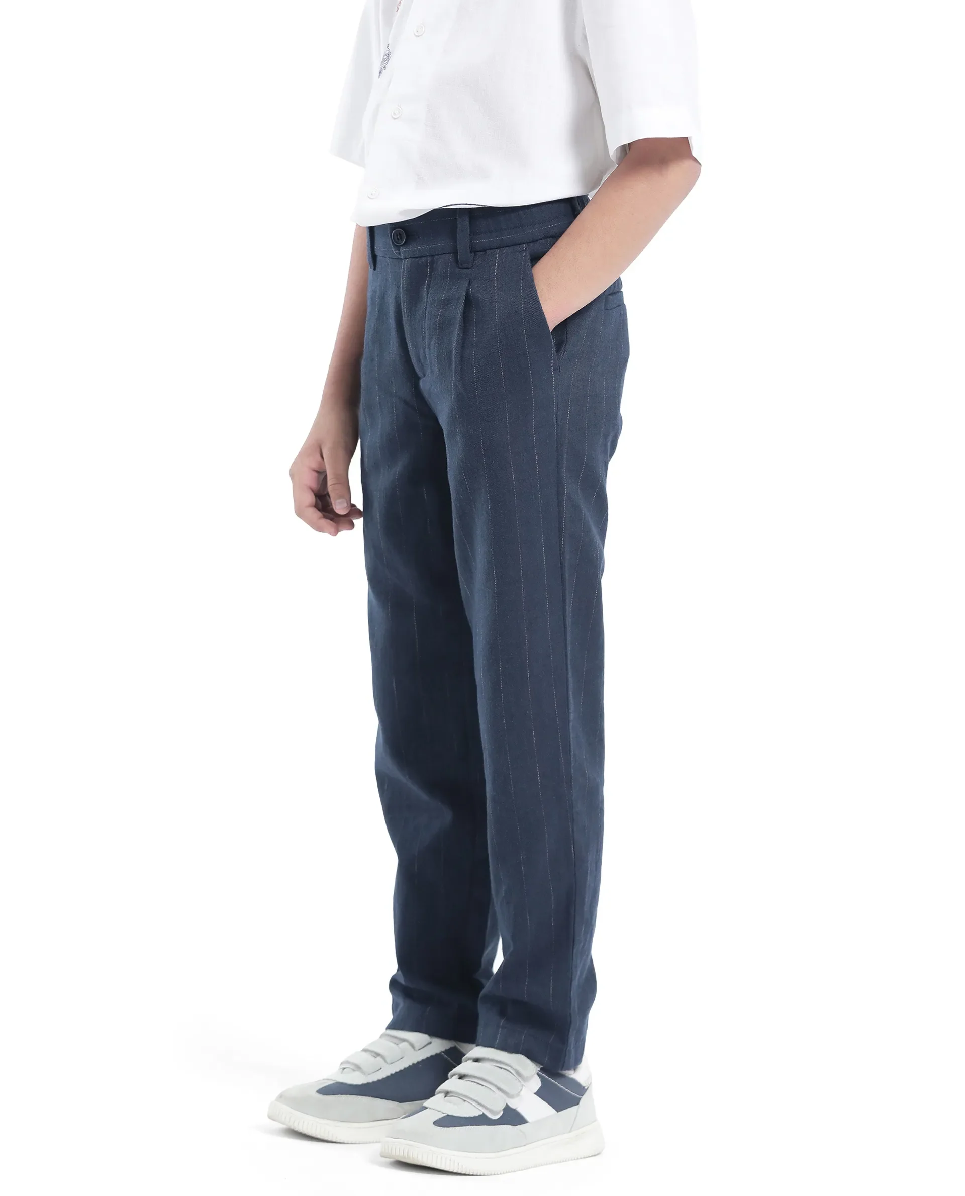 Rare Ones Kids Leo Navy Polyester Blend Striped Button & Zip Closure Regular Fit Trouser - Image 6